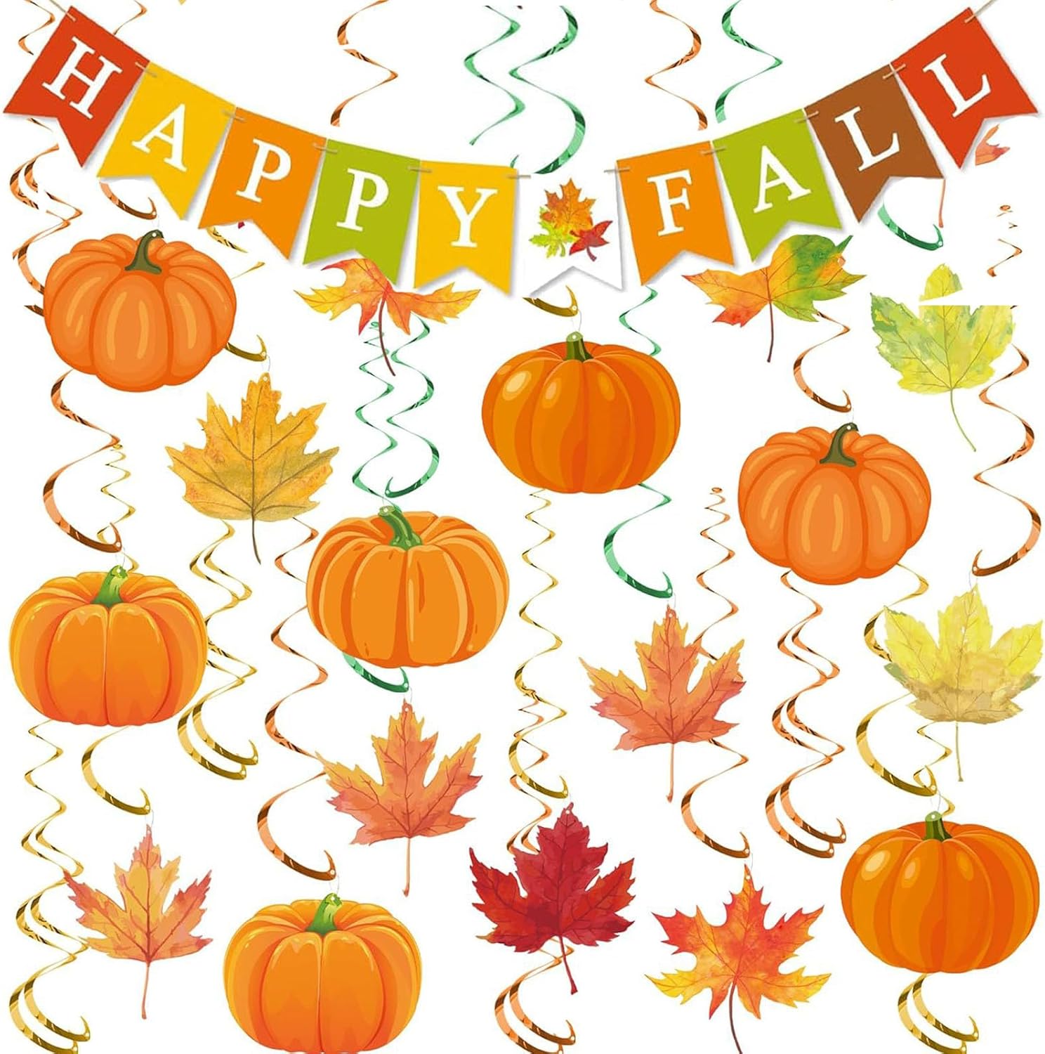 Fall Pumpkin Maple Leaf Hanging Swirls Autumn Swirls Streamers Happy Fall Banner Thanksgiving Ceiling Hanging Decorations for Home Harvest Decor