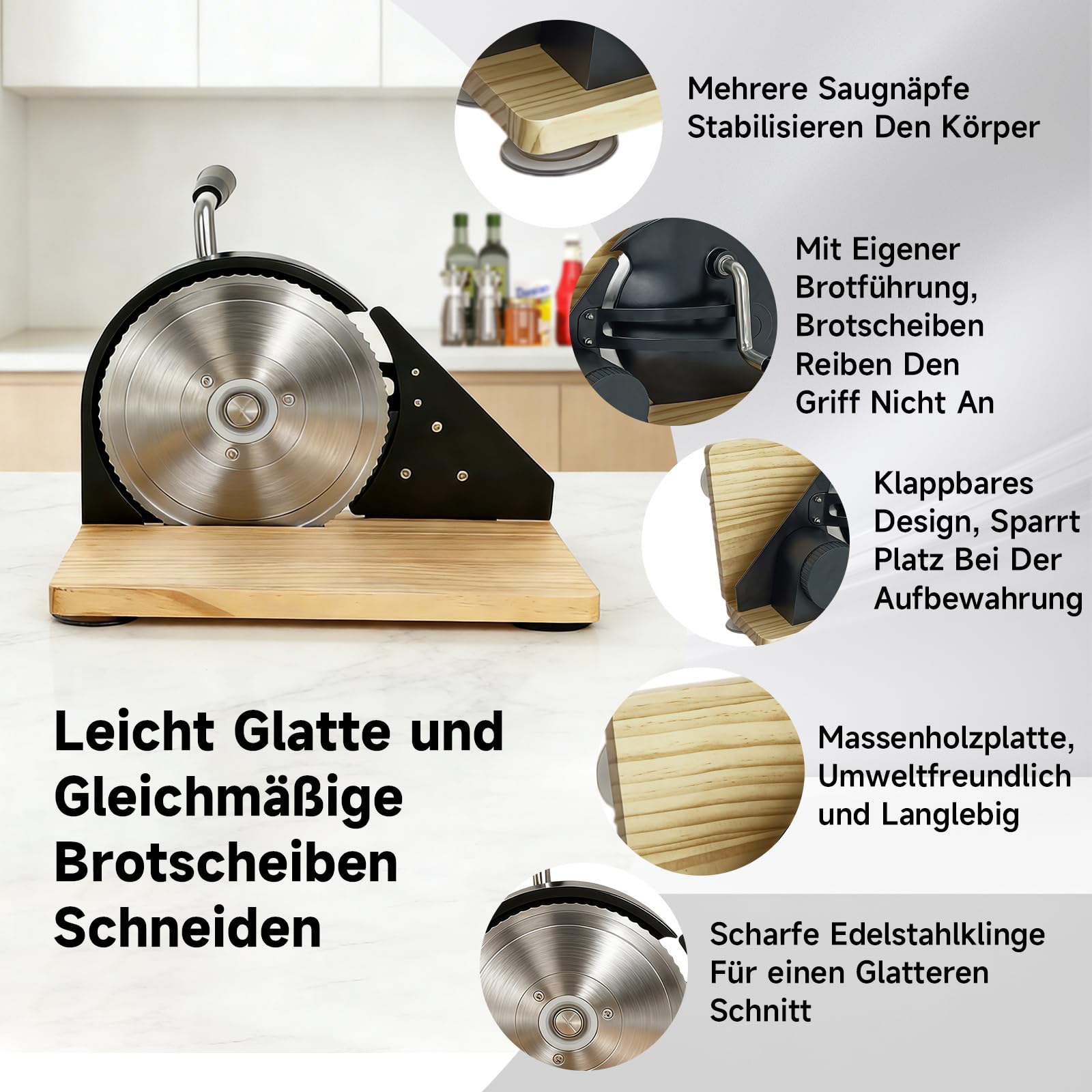 Brotschneidemaschine Manuell 0–15 mm Einstellbare Dicke, Rostfreie Stahlklinge, Skalenlinien & Saugnäpfe, Hell-Naturholz Design für Private und Kommerzielle Nutzung