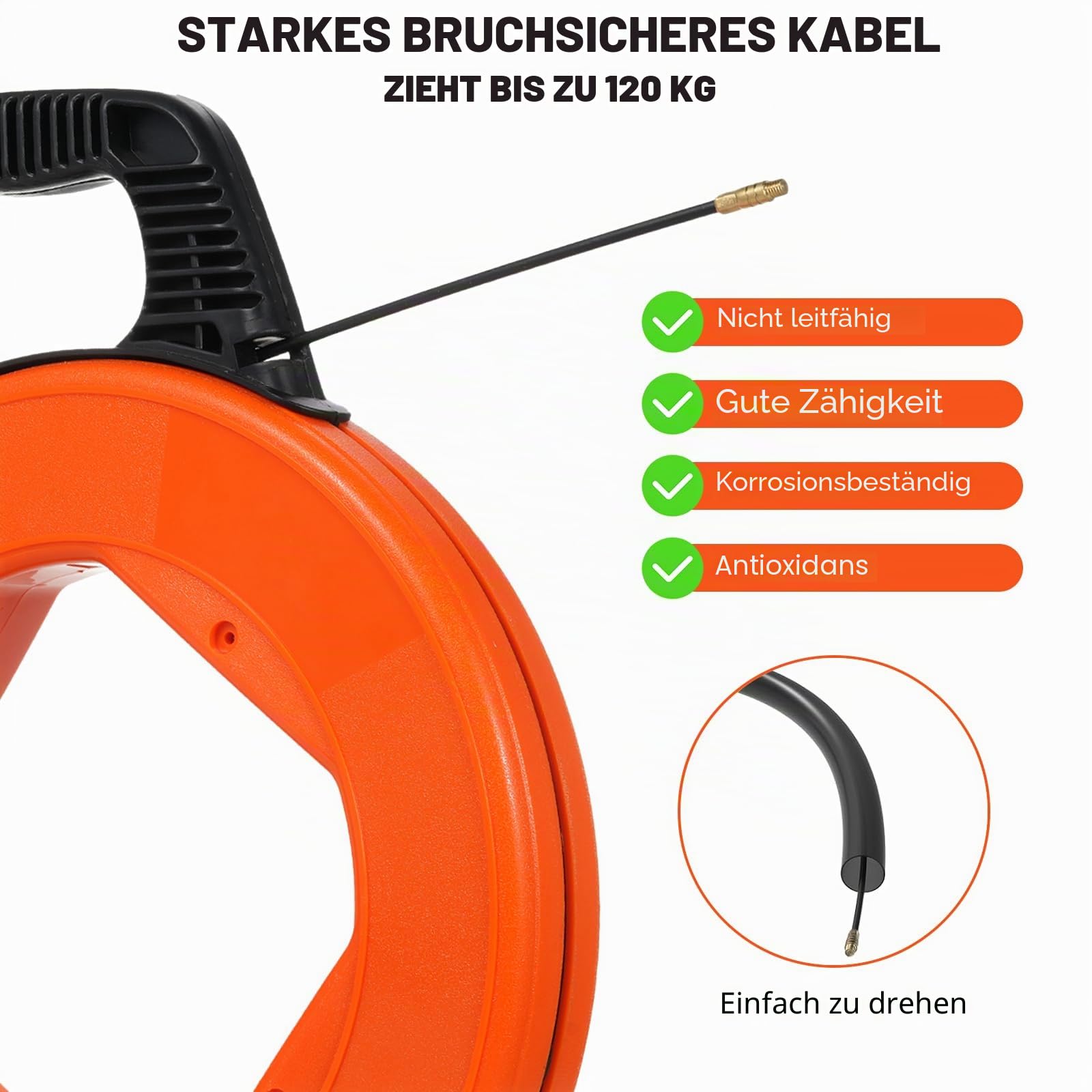 Kabeleinziehhilfe 30m, 4mm Einziehspirale, Zugdraht für Leerrohre mit 6 Adapter, Kabelziehhilfe mit Kunststoffgehäuse und Handgriff, Einzugshilfe Kabel für Elektroarbeiten