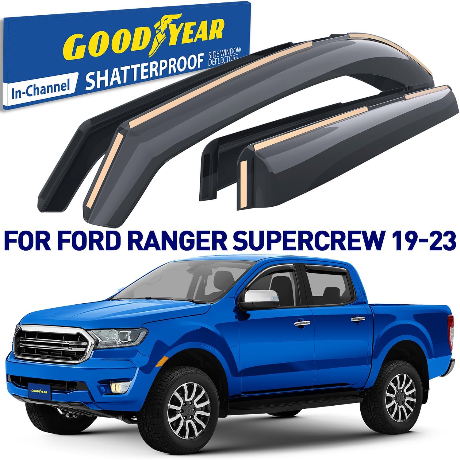 Goodyear Shatterproof in-Channel Window Deflectors for Ford Ranger 2019-2023 SuperCrew, Rain Guards, Window Visors for Cars, Vent Deflector, Car Accessories, 4 pcs - GY003449LP