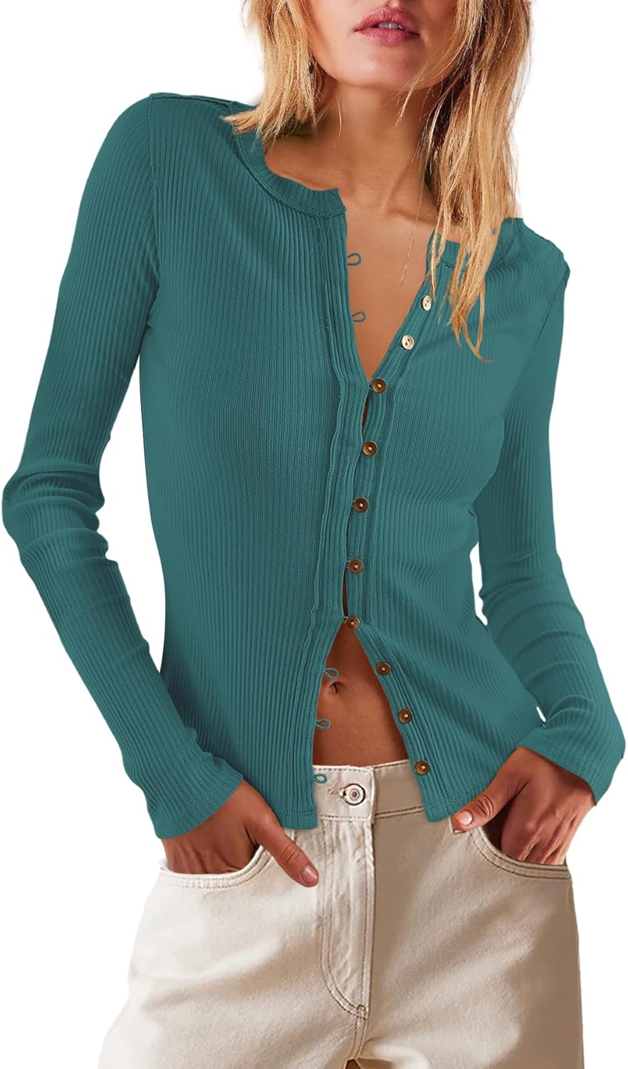 LAMISSCHE Womens Ribbed Cardigan Long Sleeve Button Down Shirts Lightweight Stretchy Pullover Tunic Tops