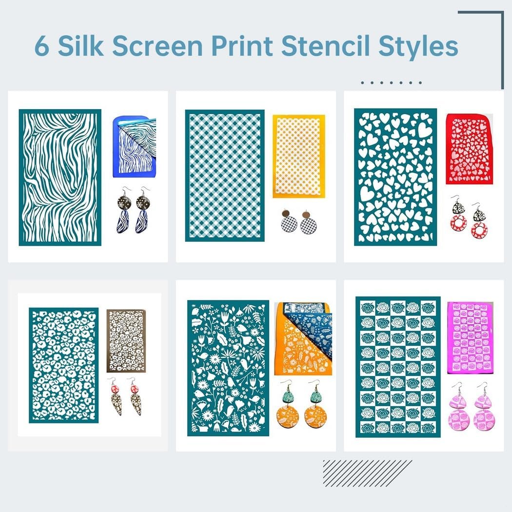 Polymer Clay Cutter Kit with Silk Screen Print Stencils, 6 Reusable Mesh Transfers, 24 Cutters, 30 Earring Hooks, Paint Scraper for Jewelry Making