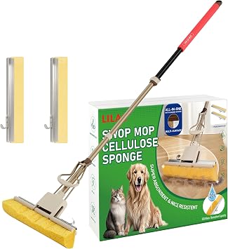 LILAC Cellulose Sponge Mop with 2 Replacement Heads, 4-Color Handle Choices for Zoned Cleaning, Super Absorbent Pop Up Roller Mop for Hardwood,Laminate Floors, Heavy Duty Floor Scrubber Red