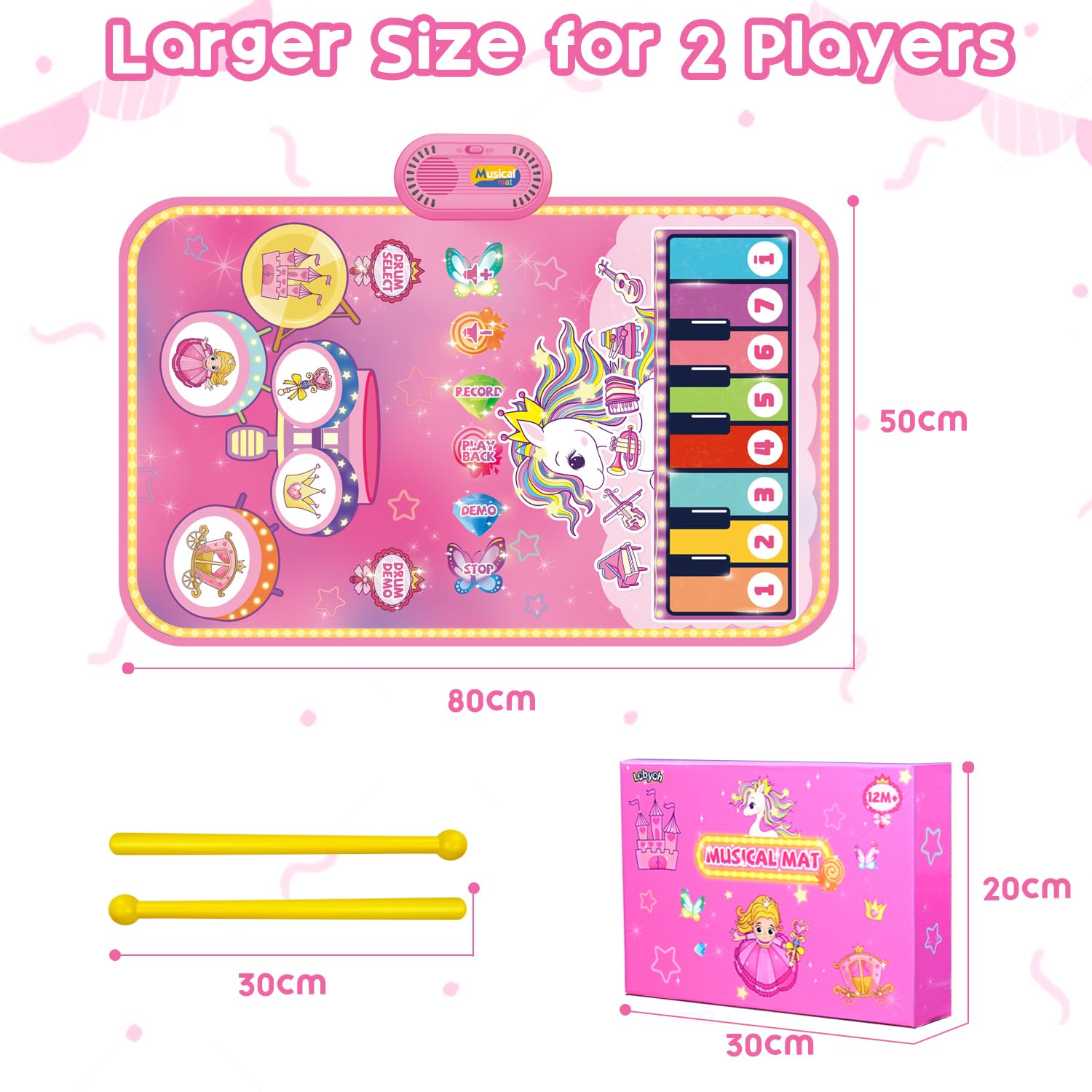 Lobyoh Jouets pour bébé 1 an, Tapis Musical Bebe 2 en 1 Et Jouet de Batterie pour Tout-Petits, Cadeau de Princesse pour Filles de 1 2 3 4 5 Ans