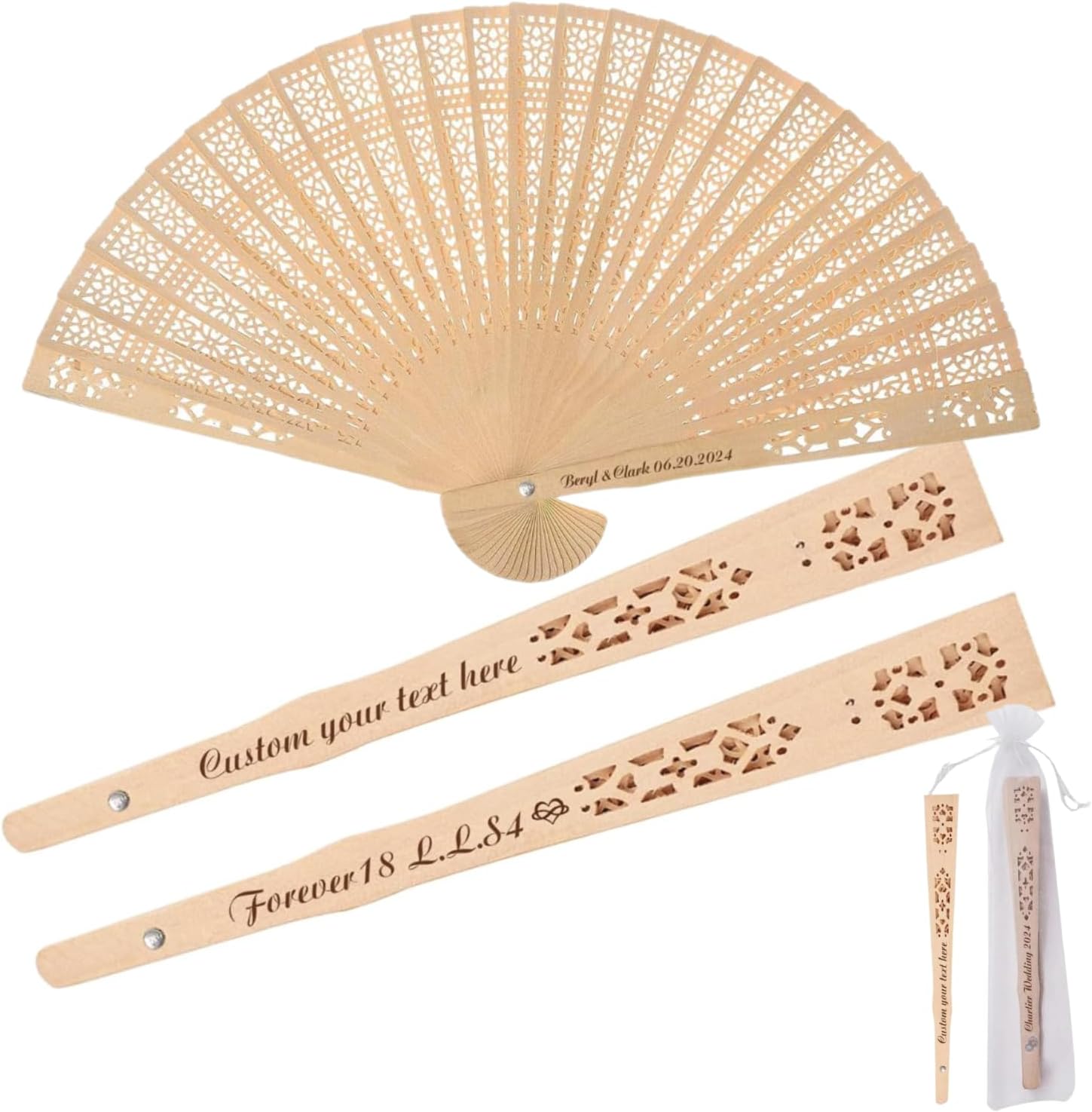 20Pcs Wedding Fans for Guests, Custom Folding Hand Fans, Wooden Fans Bulk with Text Organza Bags, Personalized Wedding Favors Bridal Shower Gifts