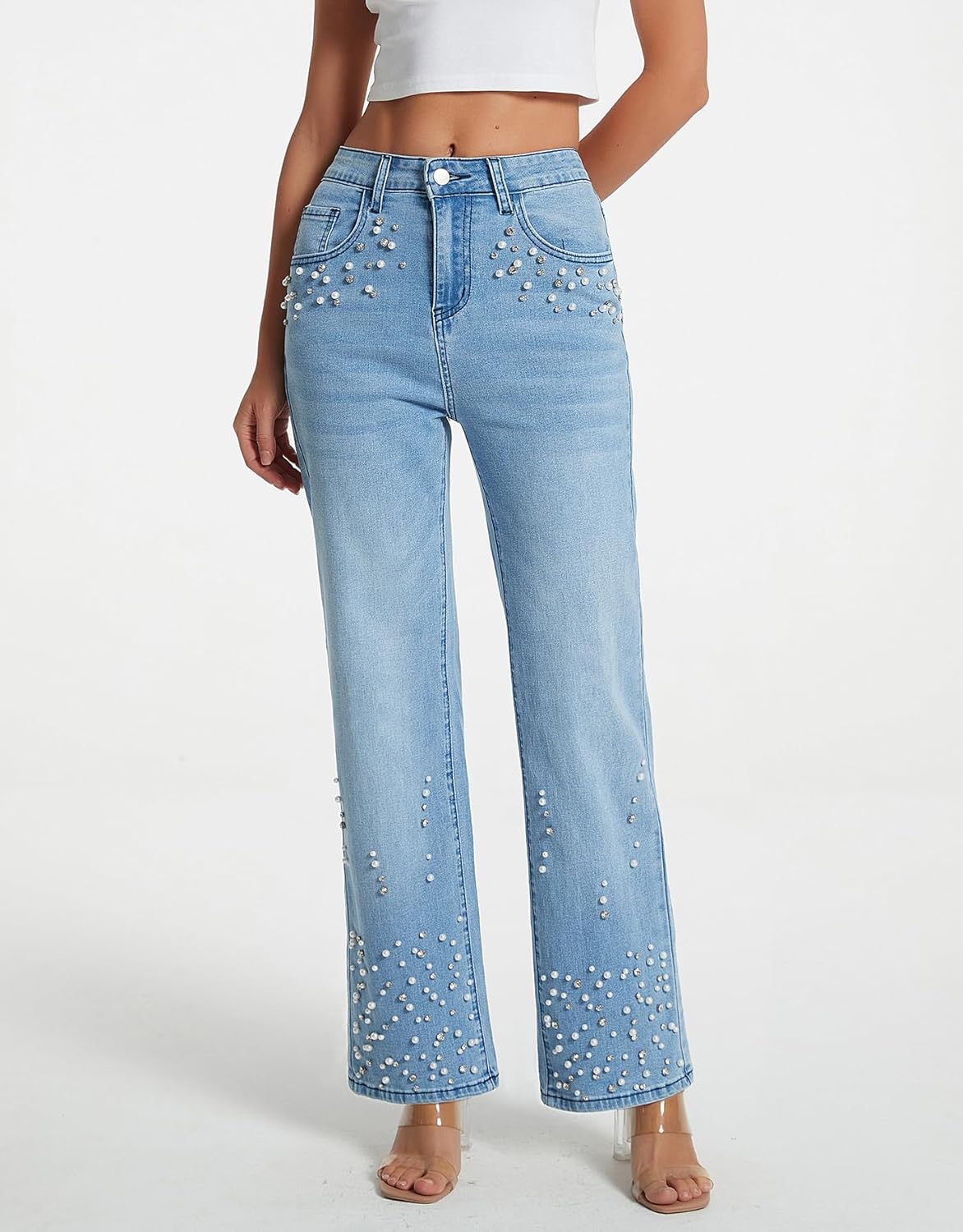 Kedera Womens High Waisted Rhinestone Jeans Casual Straight Wide Leg Bling Sparkly Pants Diamond Denim Jean Trousers - Image 4