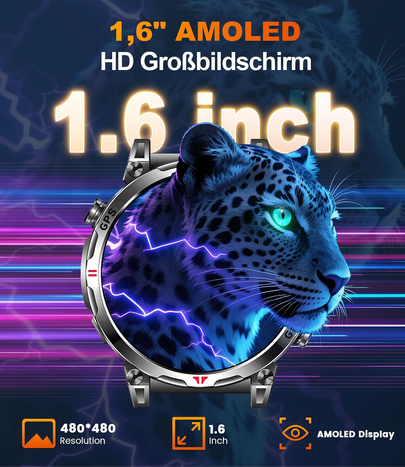 GPS Smartwatch Herren, Militär Smartwatch GPS Sportuhr 1.6" AMOLED Display,Telefoniefunktion, Herzfrequenz, Schlaf, 5 GPS-Sportmodi, 100+ Sportmodi Fitnessuhr für Android iOS