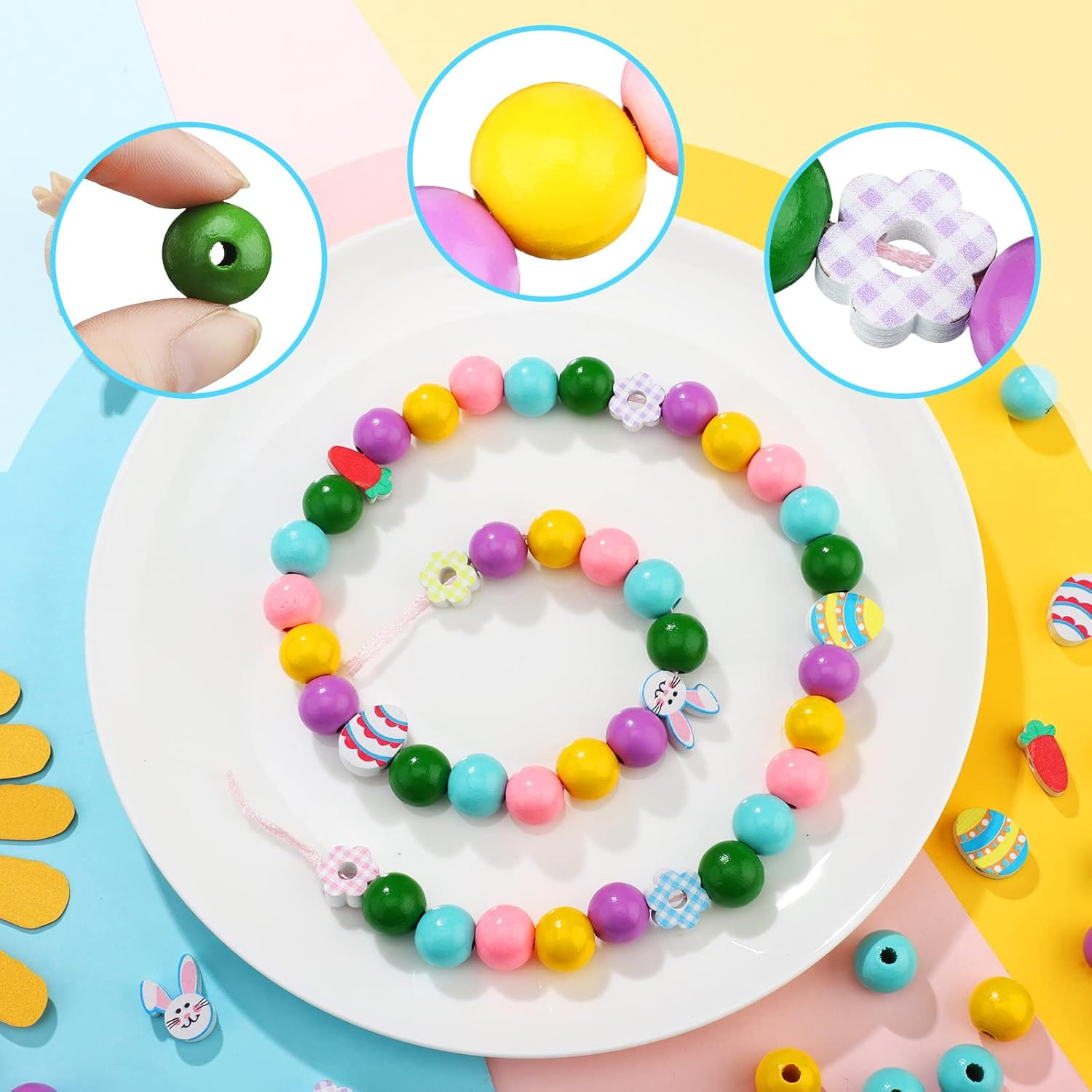 200 Pieces Easter Wood Beads for Craft Colorful Round Craft Bead Rabbits Egg Wood Bead for Spring Garland DIY Easter Holiday Family DIY Crafts Supplies Party Decors, Multiple Style (Cute Style) - Image 4