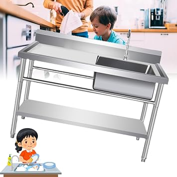 NYCDA Commercial Restaurant Sink, Freestanding Stainless Steel Utility Kitchen Single Bowl Sink, with Double Storage Shelves & Drainer Unit Faucet 120 * 60 * 80cm/47 * 24 * 31in Right