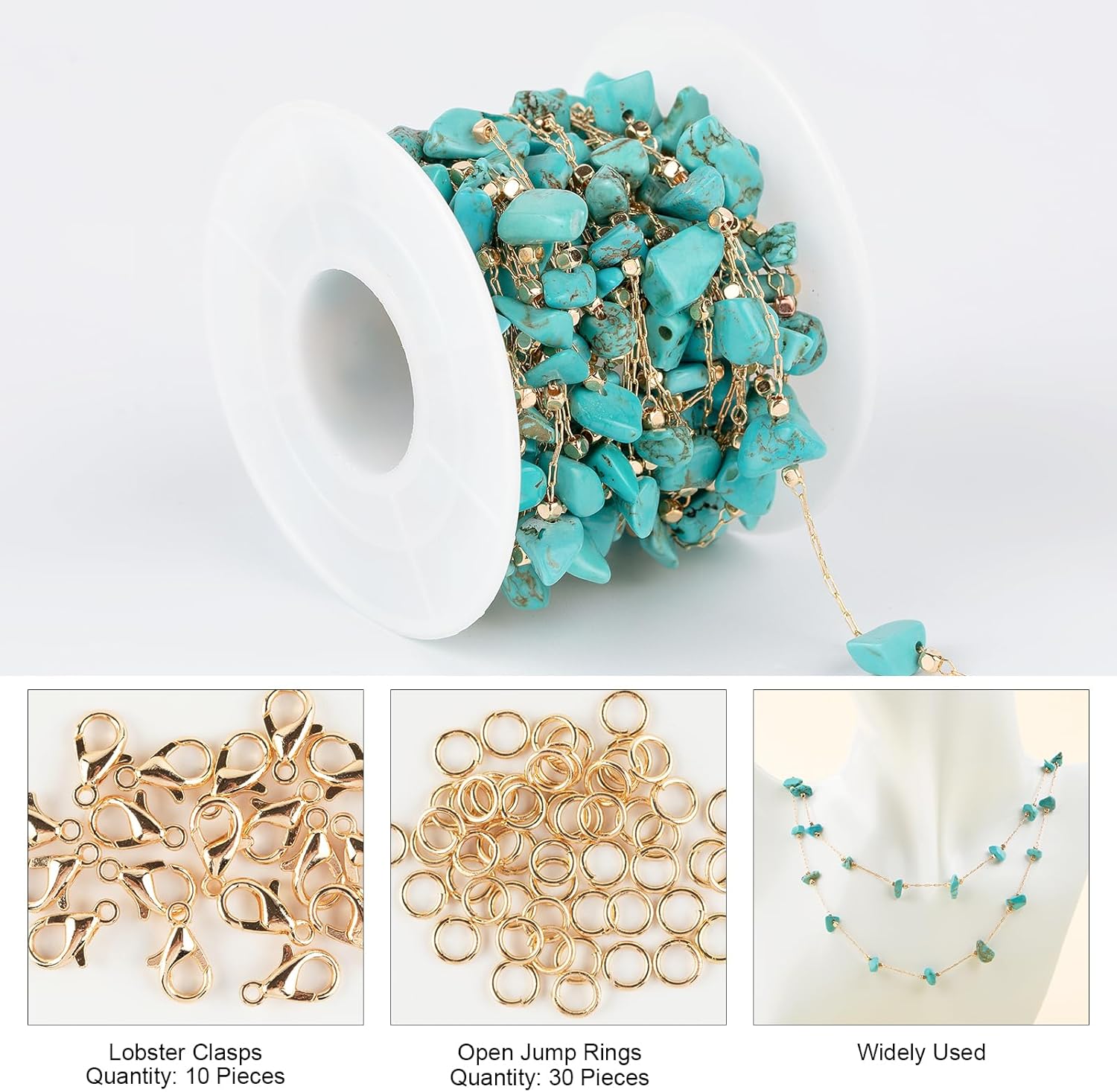 Kyutong 16.4FT Turquoise Stone Chains for Jewelry Making Gold Plated Chains Bulk Thin Paperclip Chain Link with Jewelry Clasps for Craft Making Jewelry Findings - Image 3