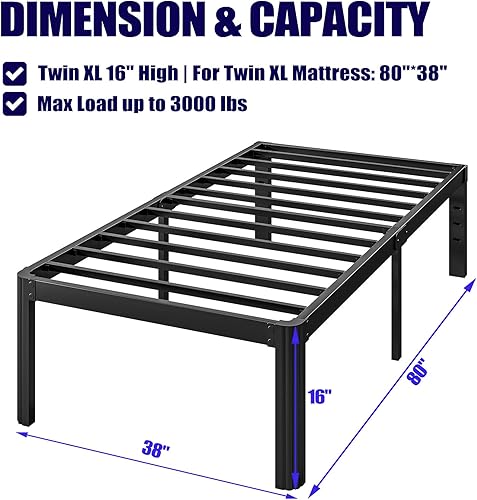 Miniatura 3 de Hunlostten Base de cama resistente de 16 pulgadas, tamaño individual XL, no necesita somier, base de cama de metal individual XL con esquinas