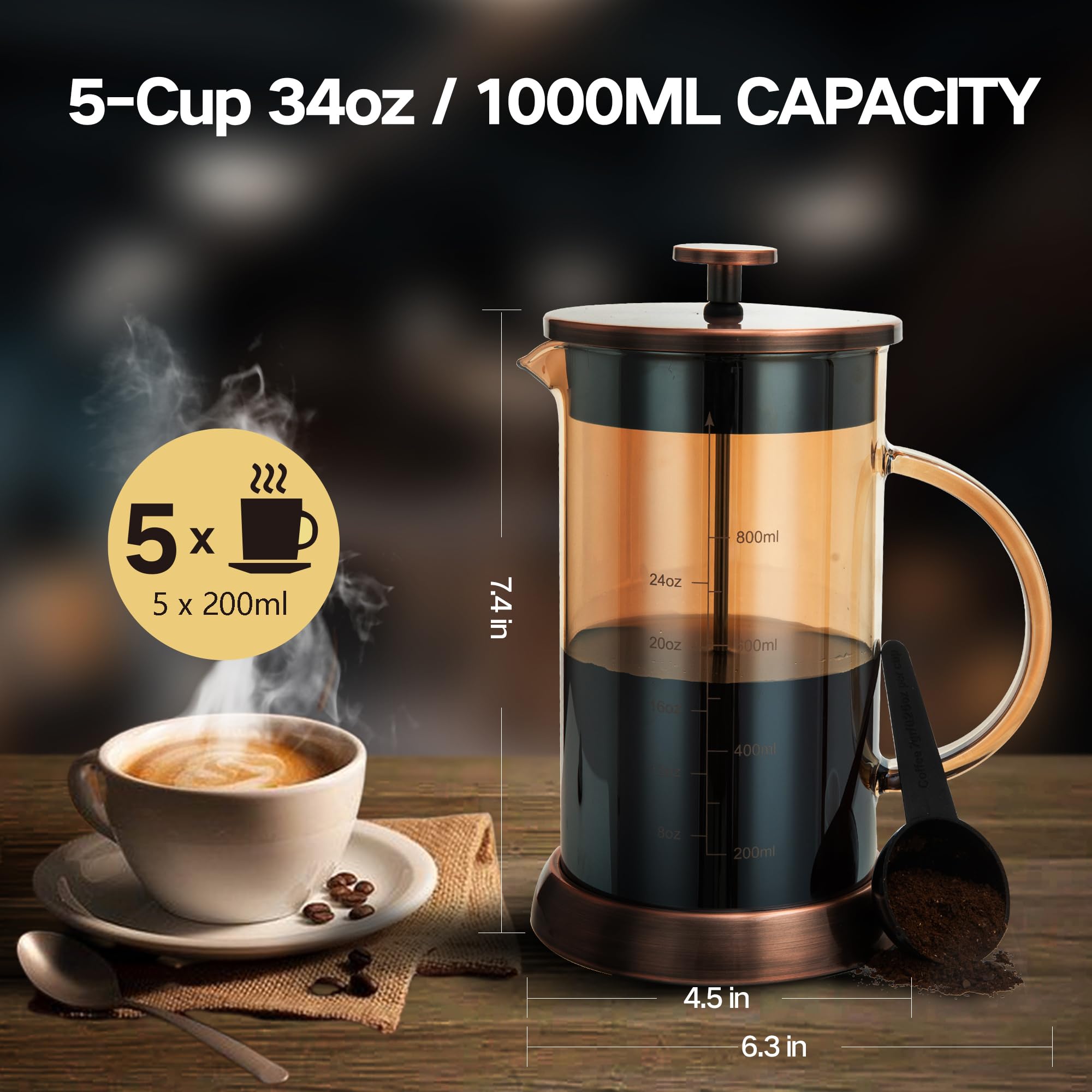 YMMIND Cafetera de prensa francesa de 34 onzas, cafetera expreso de 5 tazas, cafetera de borosilicato grueso resistente al calor con 4 pantallas de filtro de acero inoxidable