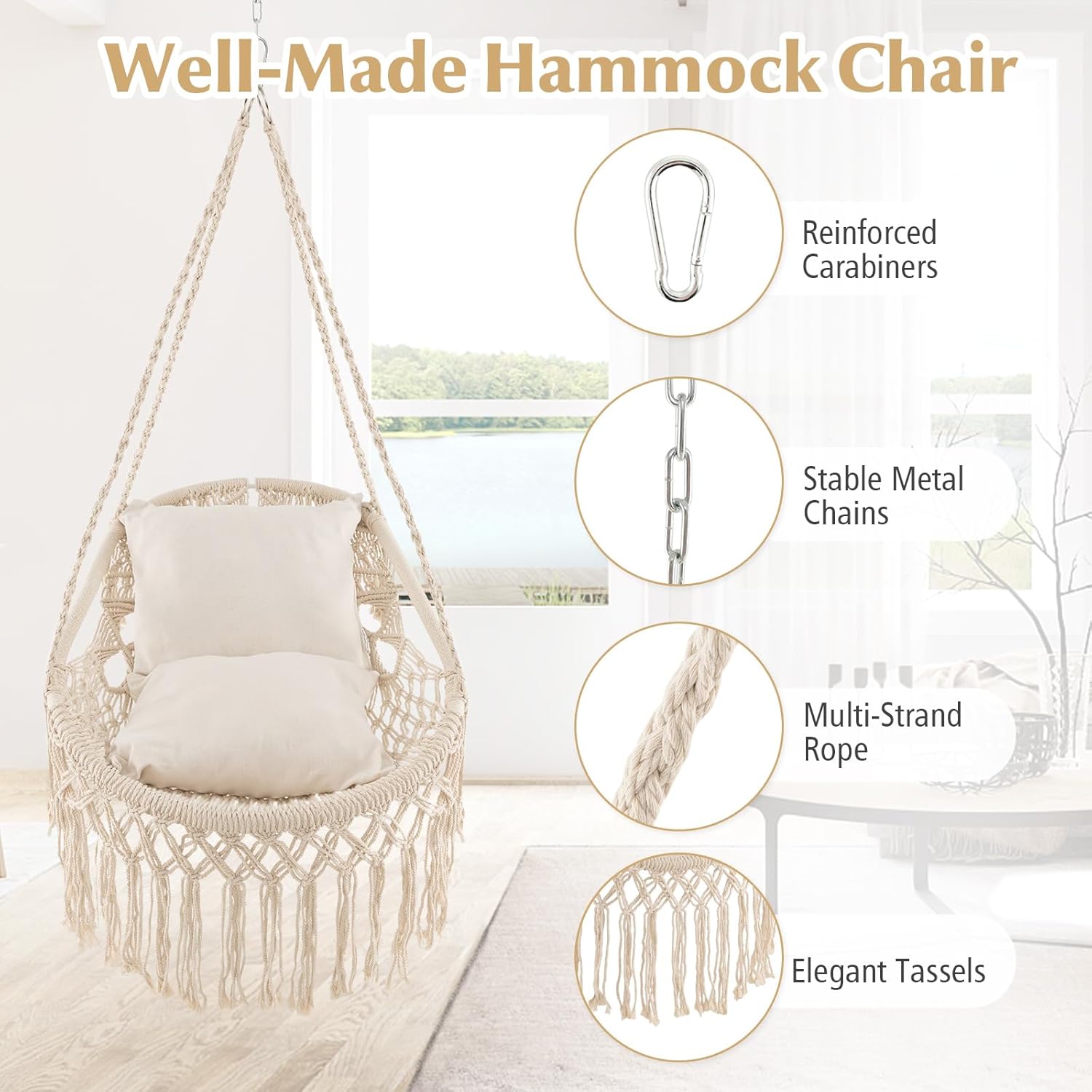 HAPPYGRILL Hanging Hammock Chair with Soft Seat Cushions, Indoor Outdoor Macrame Swing, Sturdy Hanging Rope & Chain, Porch Swing Chair for Bedroom, Patio, Backyard, Max 330 lbs