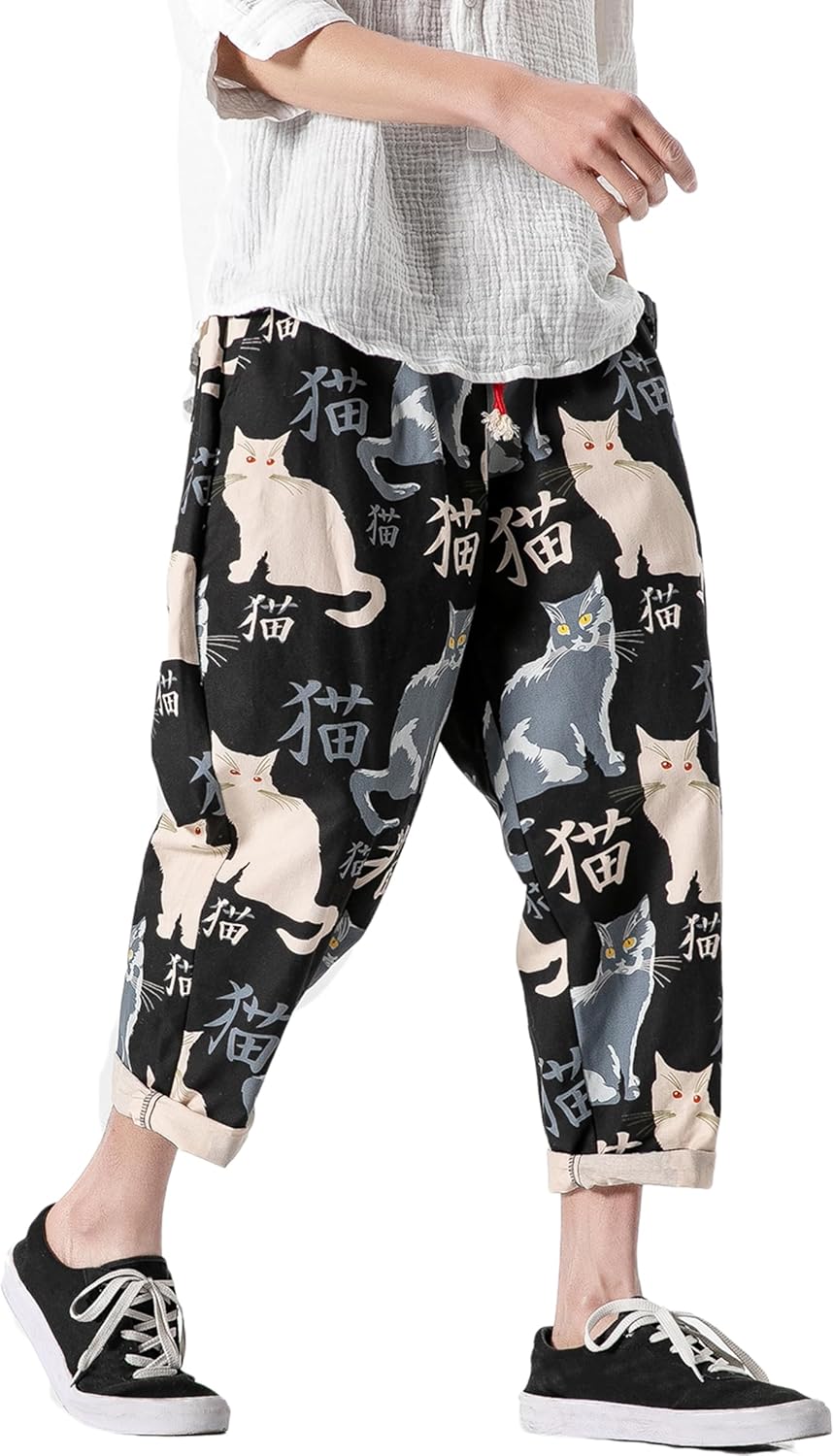 PRIJOUHE Men's Casual Capri Pants Elastic Waist Wide Leg Loose Baggy Harem Pants Breathable Summer Beach Pant - Image 6