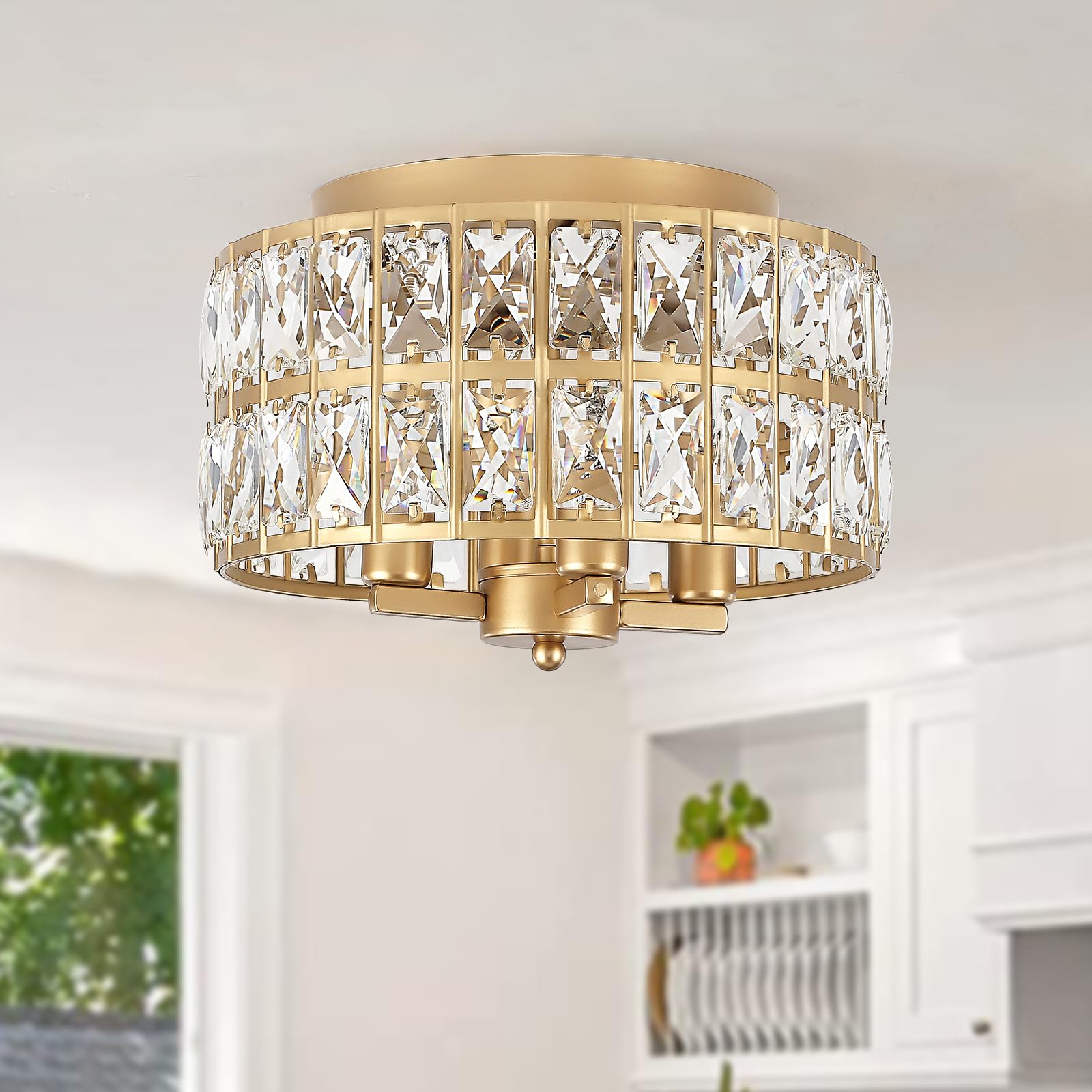 FwdmHao 4-Light Gold Crystal Flush Mount Chandelier, 11.2" Round Crystal Ceiling Light Fixture, Flush Mount Ceiling Light for Hallway, Kitchen, Bathroom, Bedroom, Entryway, Closet