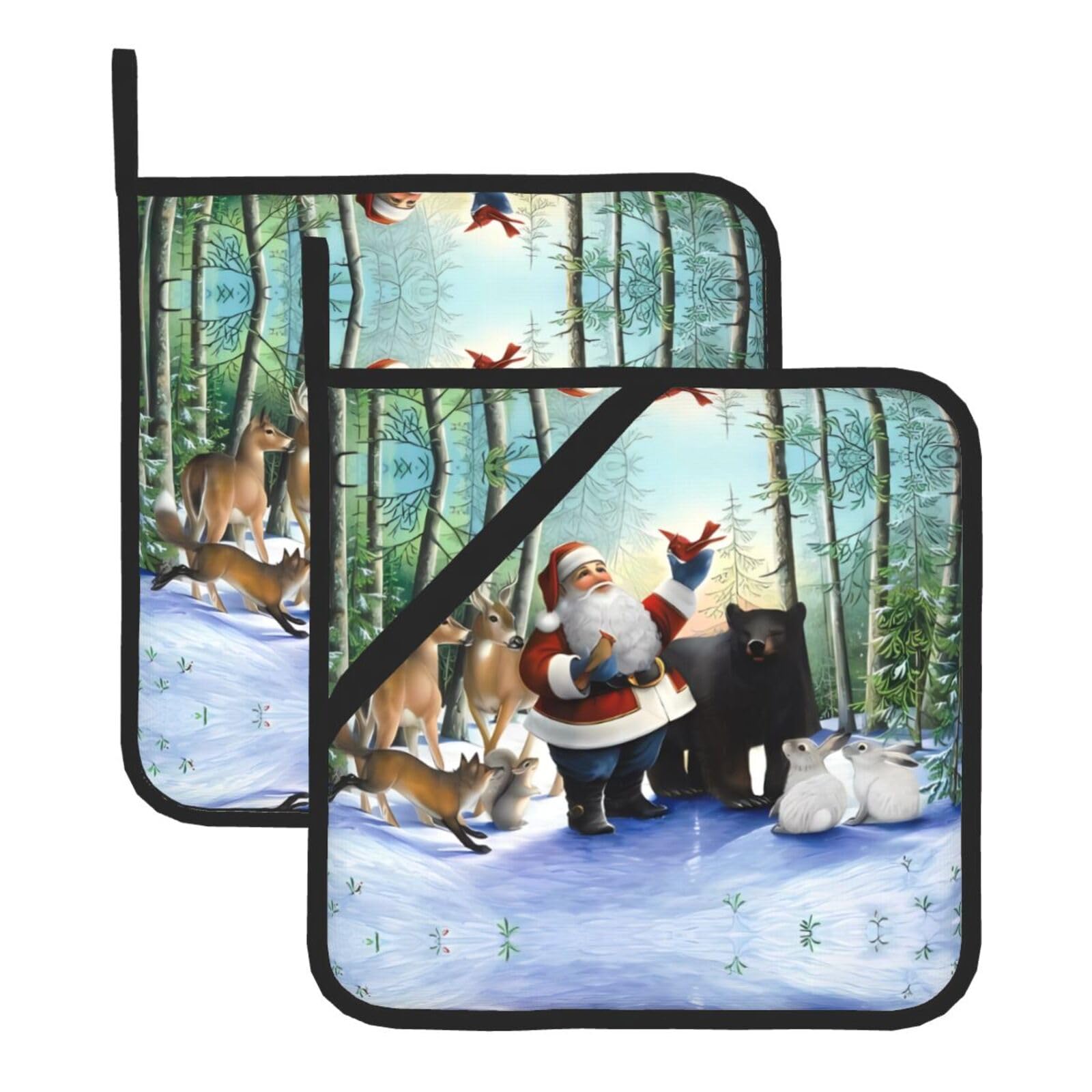 YYHWHJDE Santa Claus and Animals Prints Square Hot Pads for Kitchen Counter - Waterproof Pot Holders with Hanging Loop, Durable Trivets for Microwave Oven - 2 Pack