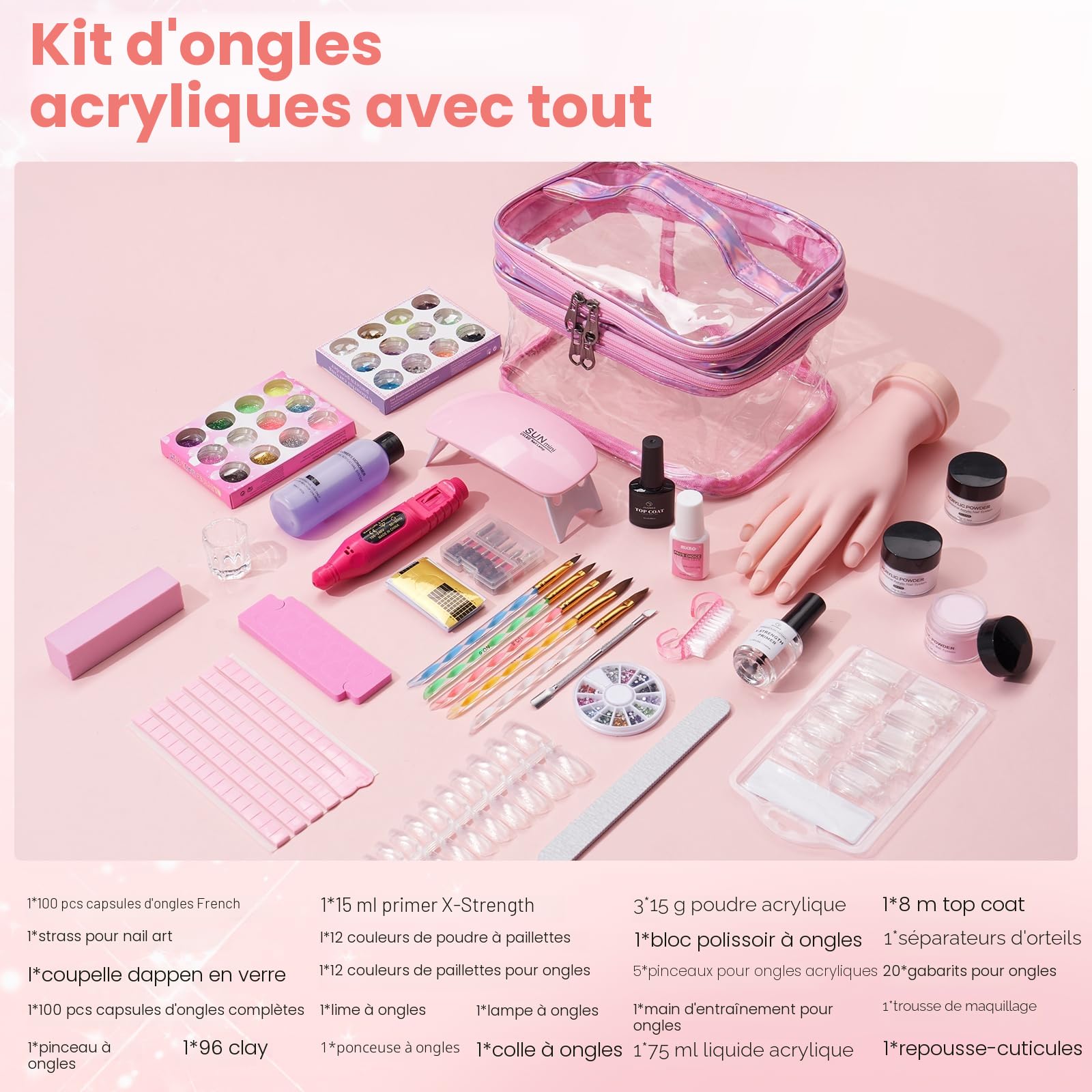 Deciniee Acrylique Kit Ongles Pour Débutants–Faux Ongles/Poudre Acrylique/Lampe UV/Main D'Entrainement Manucure-Idéal Pour DIY Nail Art-Kit Avec Outils Complet Dans Un Sac De Stockage Rose