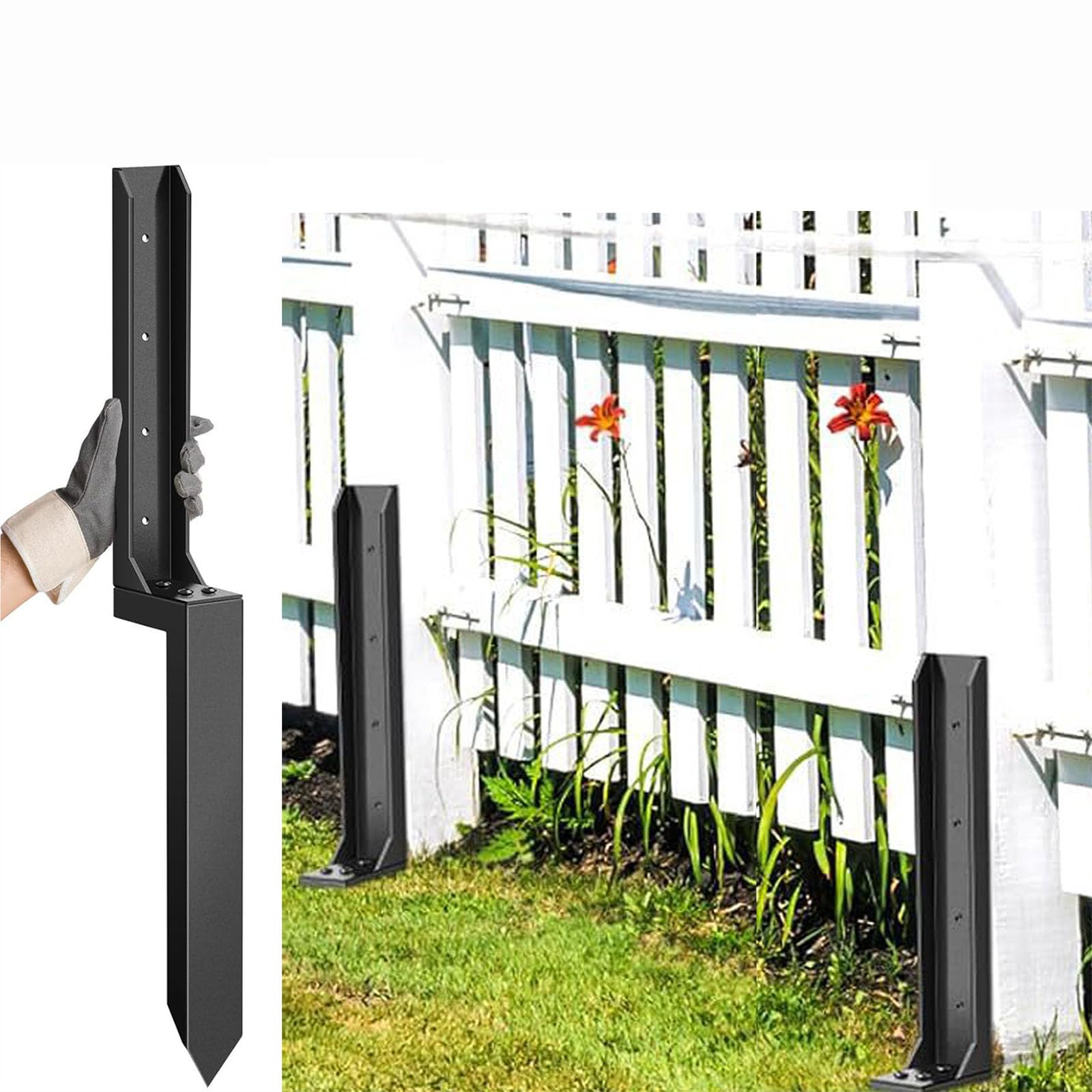 QINPI Fence Post Anchor Repair Kit, Steel Ground Stakes, Epoxy Powder Coated Rustproof Support for Reinforcing Tilted & Broken Wooden Fence Posts