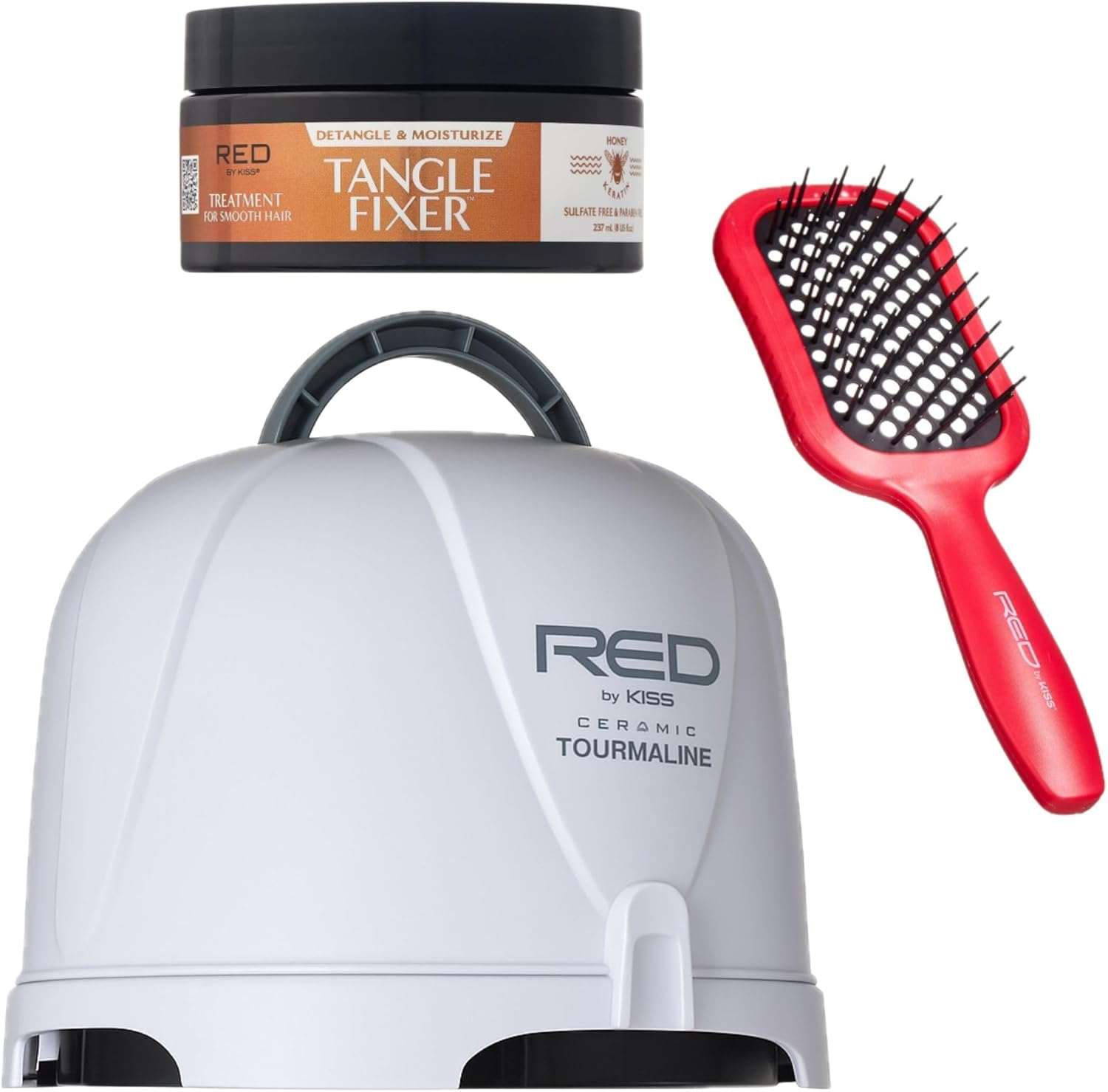 Red by Kiss Professional Hair Care Bundle: 3000 Ceramic Tourmaline Hood Dryer + Dry Vent Heat-Resistant Detangling Brush + Tangle Fixer with Honey & Keratin, Frizz Control & Shine, for All Hair Types