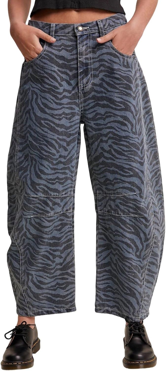 CHARTOU Women Y2k Barrel Jeans Baggy Zebra Print Denim Wide Leg Pants Cropped Cargo Jean Sweatpants