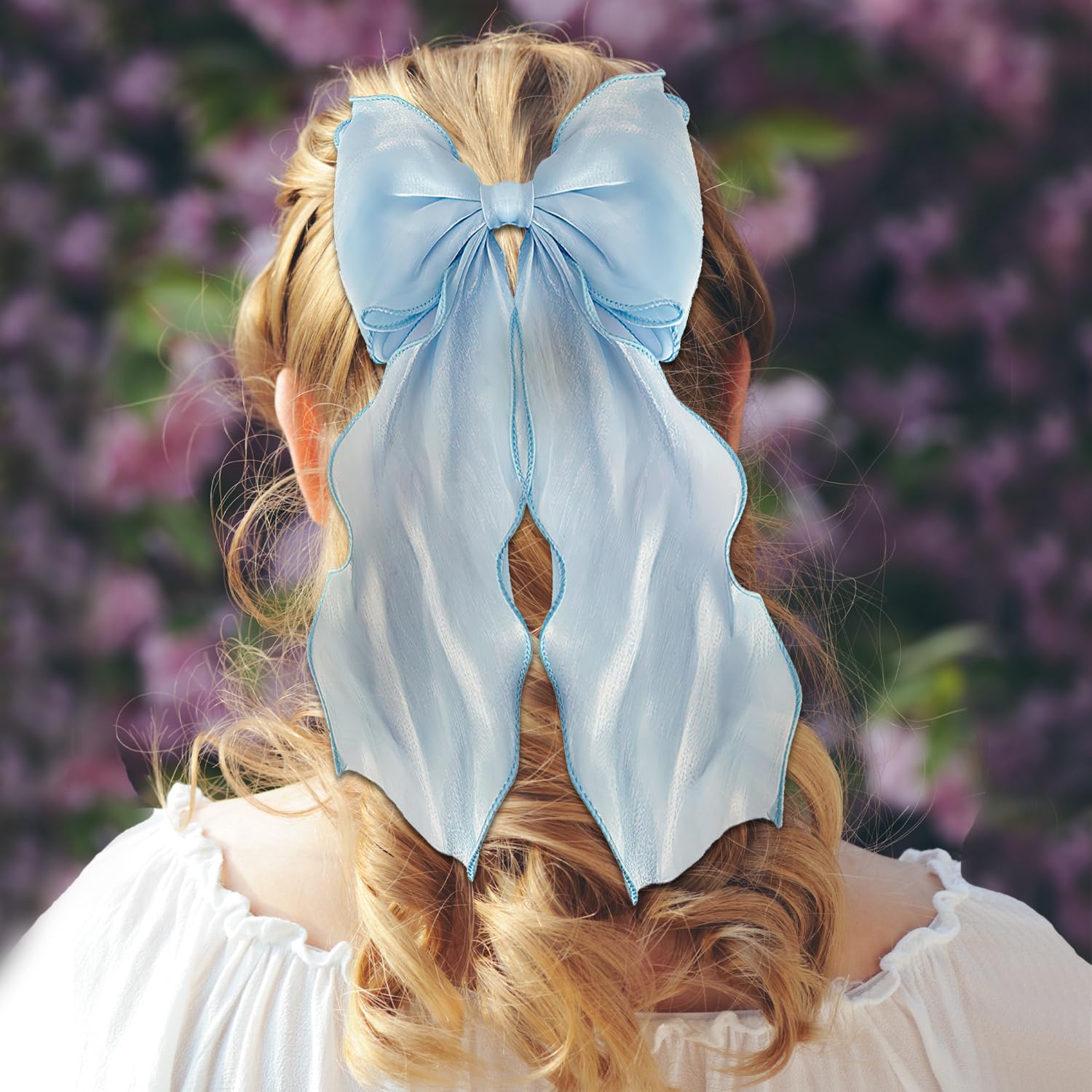 Blue Hair Bow, Oversized Bow Hair Clip for Women Long Tail Ribbons with Metal Spring Clip - Image 3