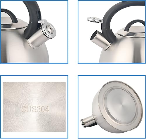 Miniatura 7 de Tetera de acero inoxidable para estufa, tetera silbante de 2.8 cuartos de galón para estufa con mango anticalor y botón de apertura y cierre de un