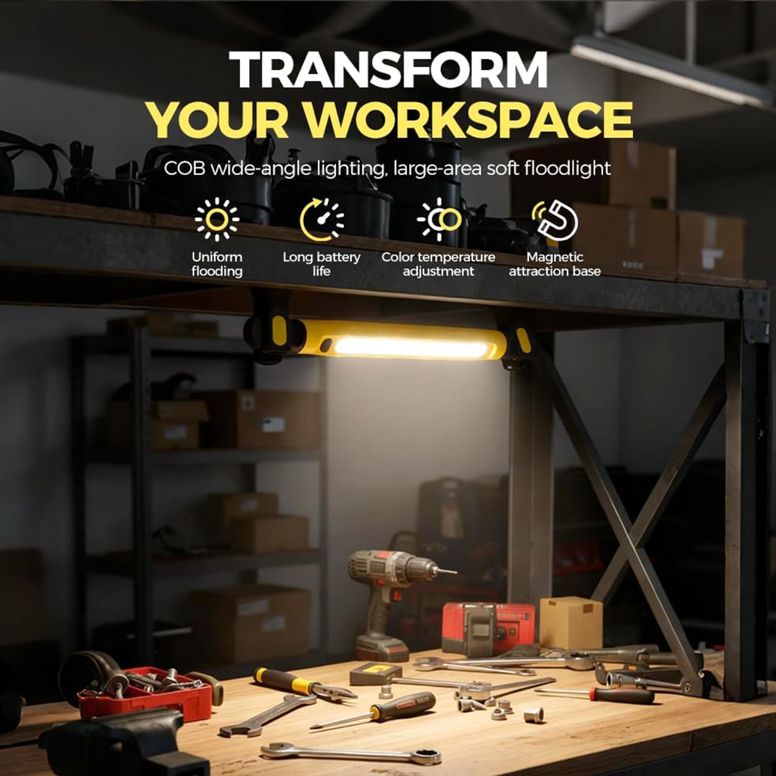 Luz de trabajo recargable de 3000 lúmenes, lámpara de inspección magnética portátil, batería de 5200 mAh, 3 modos de color, ajustable a 360°, ideal para garaje, taller y uso automotriz