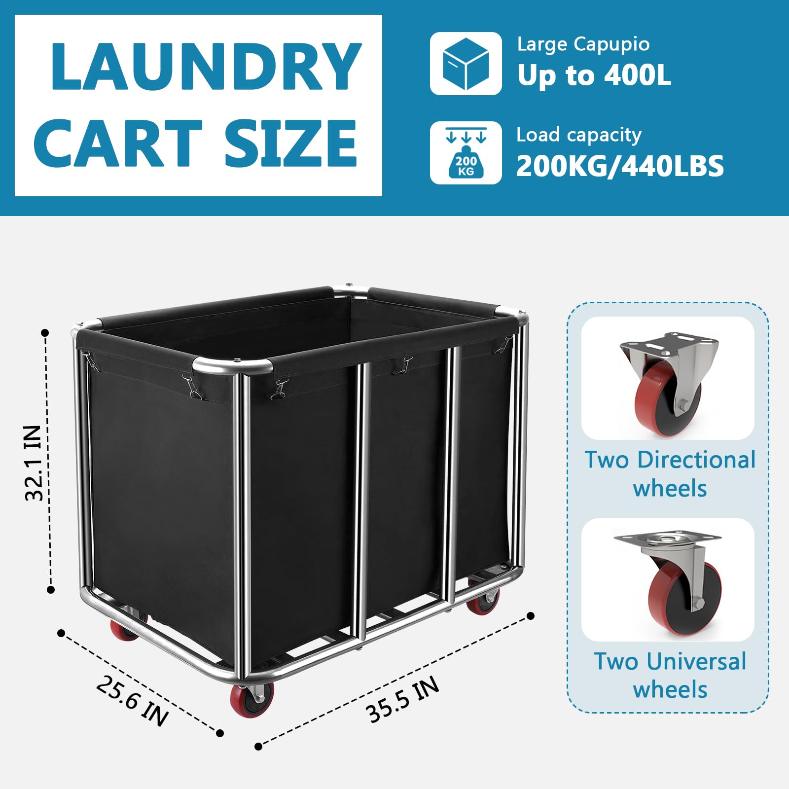 Carrito de lavandería, carrito de lavandería de acero inoxidable, comercial, grande, comercial, de acero inoxidable, con ruedas, cesta de lavandería plegable con ruedas, para el hogar y hotel, 90 x 65