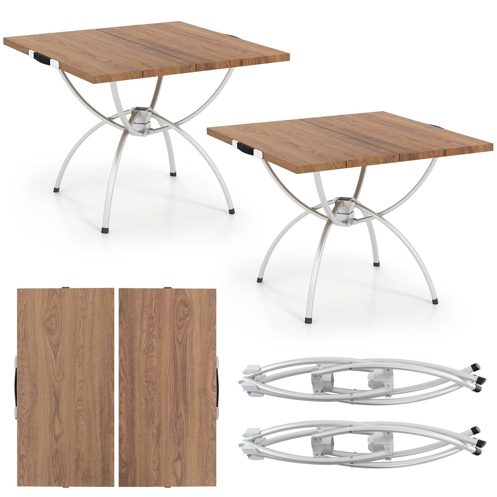 COSTWAY 2er Set Campingtisch klappbar, ausziehbarer Klapptisch mit Aluminiumgestell & Holzoptik, Falttisch mit Tragetasche, für Wandern, Picknick, Camping