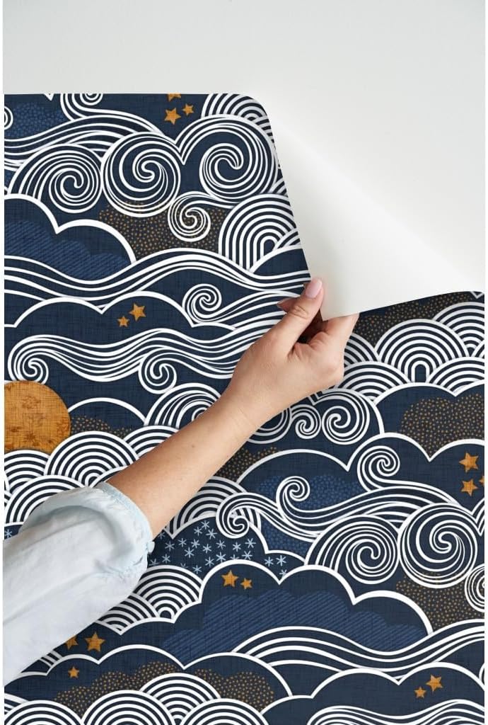 Spoonflower Peel & Stick Wallpaper 9ft x 2ft - Night Sky Moon Stars Clouds Blue Indigo Mustard Custom Removable Wallpaper