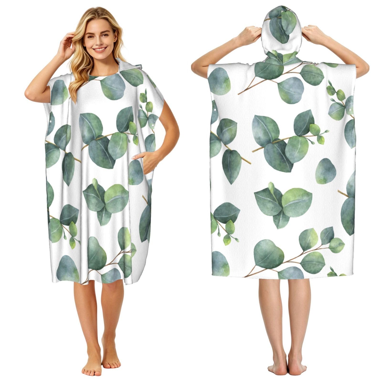 Poadnly Watercolor Eucalyptus Leaves Branches, Adult Hooded Beach Towel 90 x 110 cm,Changing Bath Robe, Surf Poncho Towel For Women Men