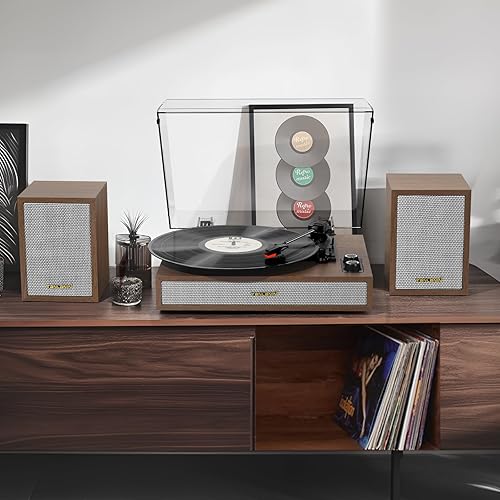 Miniatura 8 de Tocadiscos de vinilo con altavoces externos para estantería, 33-13, 45, 78 RPM, tocadiscos estéreo Bluetooth vintage para discos de vinilo, sistema