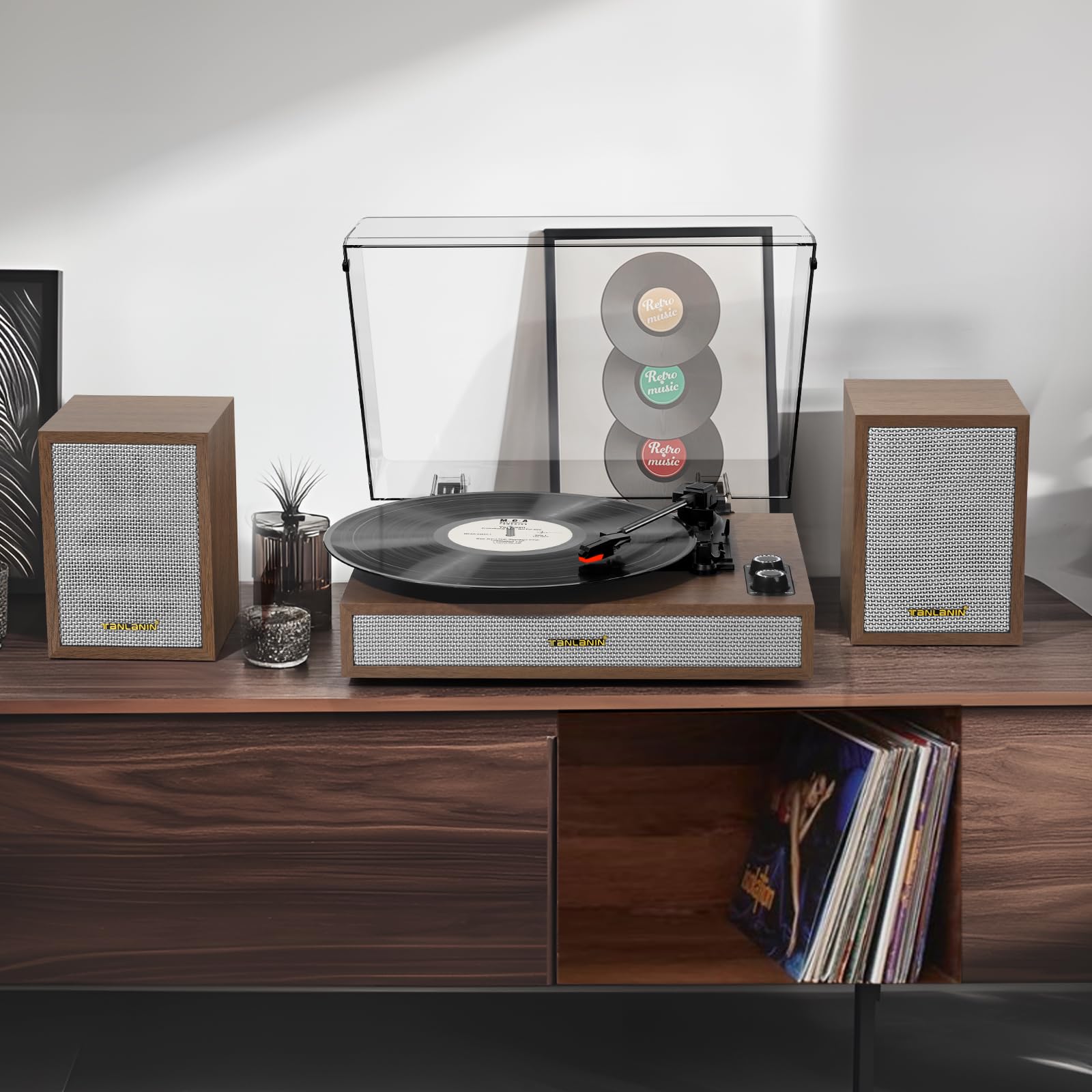 vinyl record player with external bookshelf speakers, 33-1/3 45 78 rpm vintage bluetooth stereo turntable for vinyl records,belt-driven system,dust cover,auto-stop, support aux/rca, tan oak finish