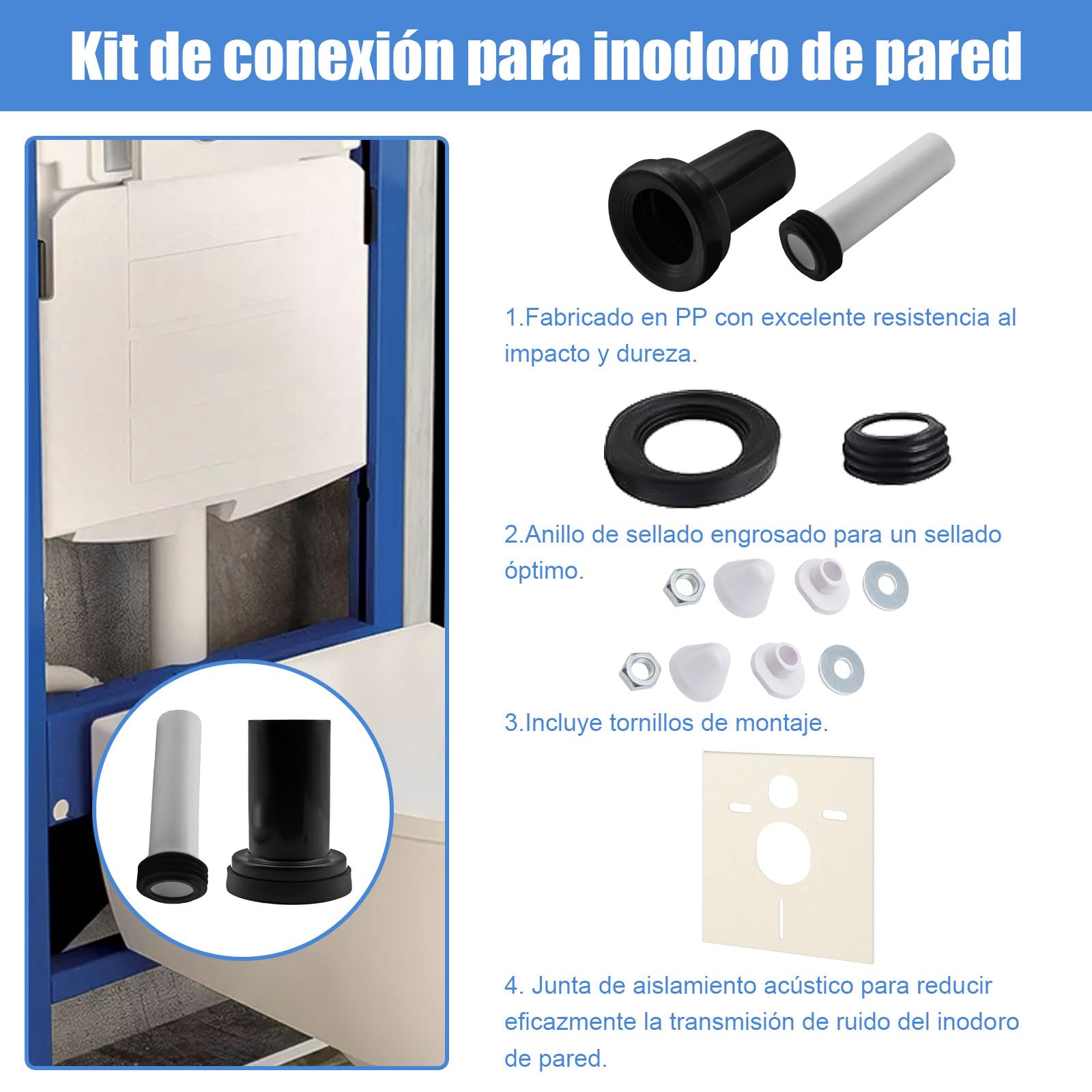 Juego de conexión WC suspendido, compatible con Geberit 152.426.46.1, para tubo PE d90/110, incluye kit de conexión, aislante acústico y accesorios de montaje
