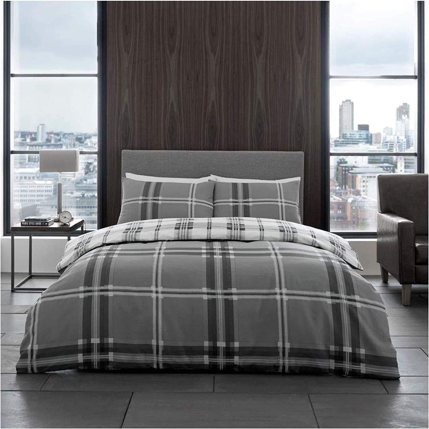 GAVENO CAVAILIA Bardsley Check Checked Design Duvet Cover Set (Grey, King)
