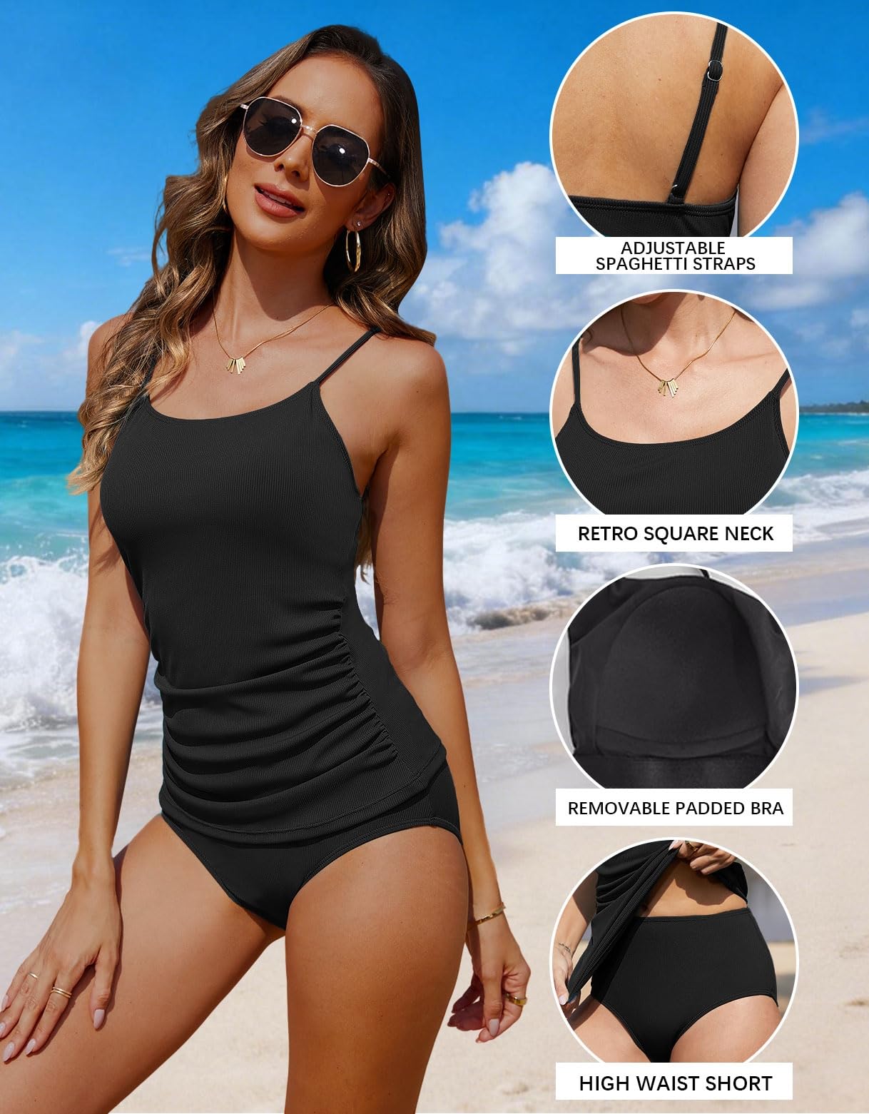 Yutdeng Tankini Maillot de Bain Femme 2 Pieces Élégante Côtelé Tankini Femme Push Up Rembourré Ensembles Maillots de Bain Haut Bas Slim Swimwear Sexy Spaghetti Réglable Bikini Deux Pièces Sport Plag