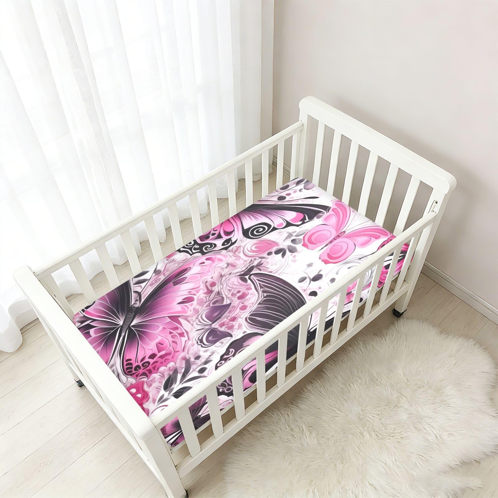PatróN De Mariposa Rosa Sábana de Cuna para Niños Pequeños,Sábanas de Algodón Suave para Bebés Aptas para Colchón Corralito