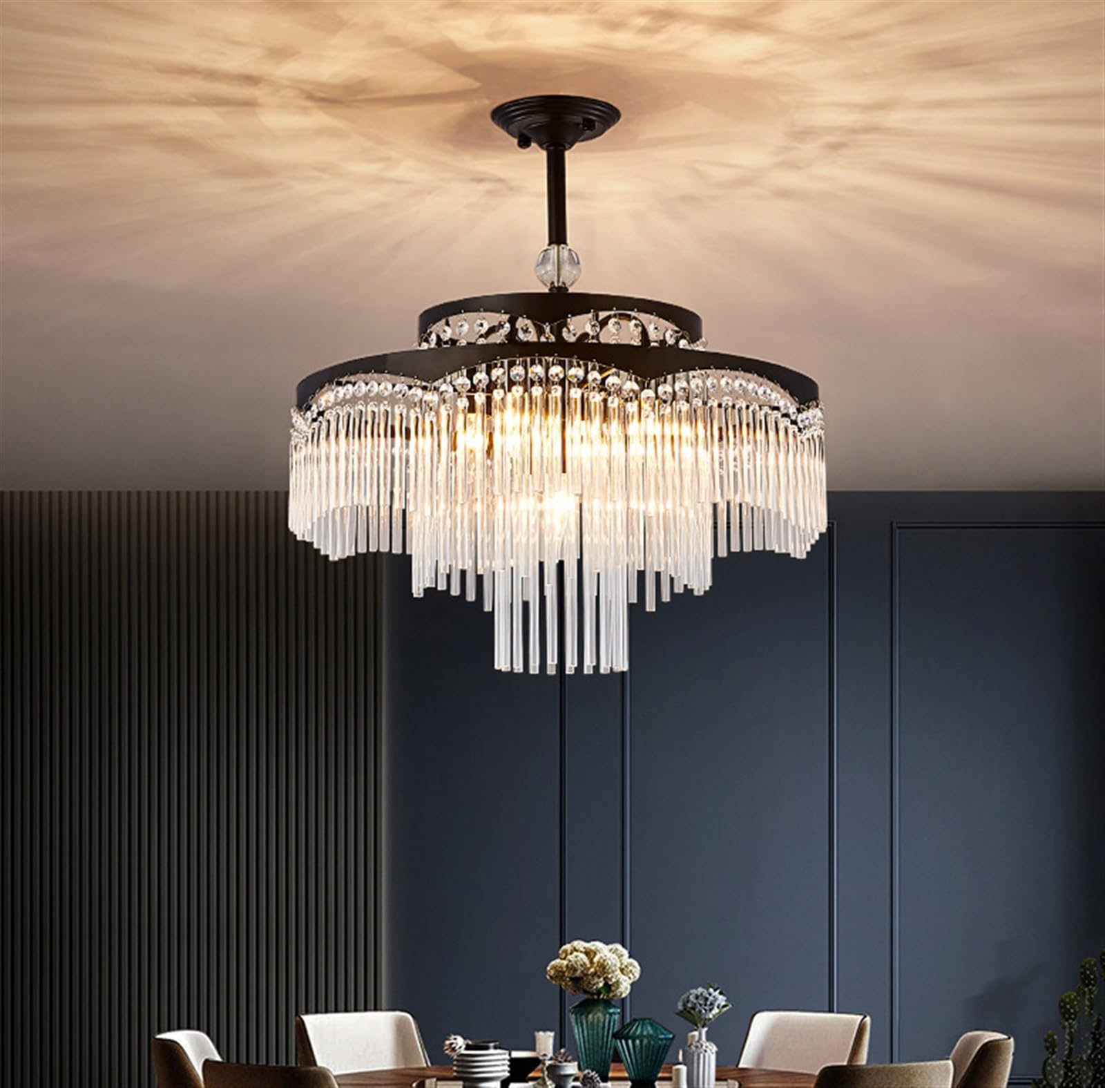 Żyrandol Lampa Wisząca Kryształowy Żyrandol Metalowa Lampa Sufitowa Amerykańska Wisząca Do Sypialni, Kuchni, Salonu, Jadalni Deco(Black)