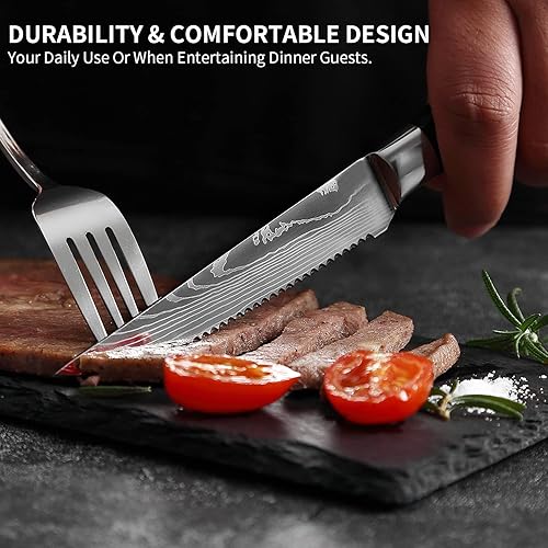 Miniatura 4 de XT XITUO Juego de 6 cuchillos de carne con patrón de damasco de acero inoxidable con mango de madera, cuchillo multiusos para restaurante y mesa