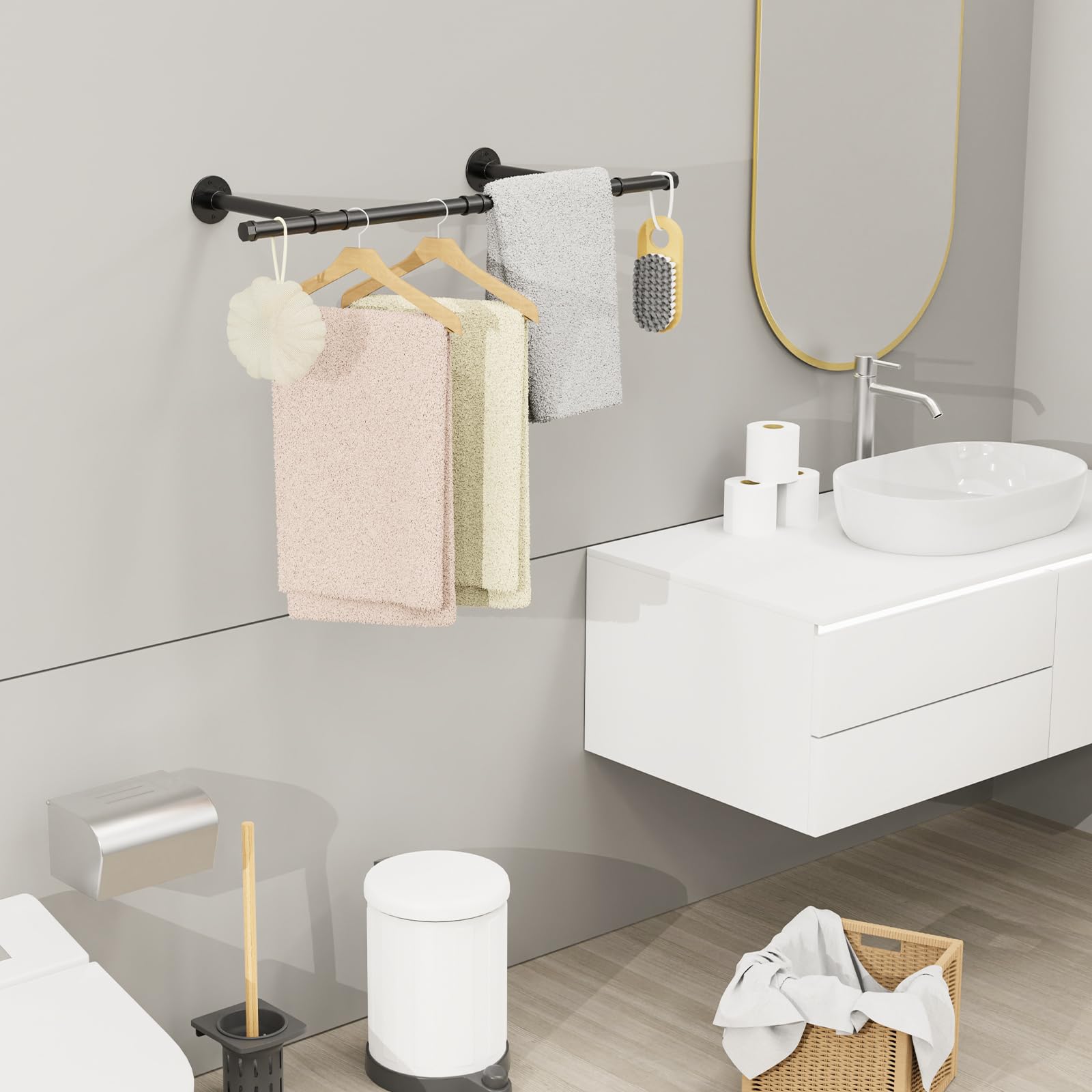 Barra Appendiabiti da Parete, Attaccapanni da Muro per Tubo Industriale 90 cm, Porta Abiti da Camera in Metallo Resistente per Balconi e Camere da Letto, 1 Pezzo, Nero