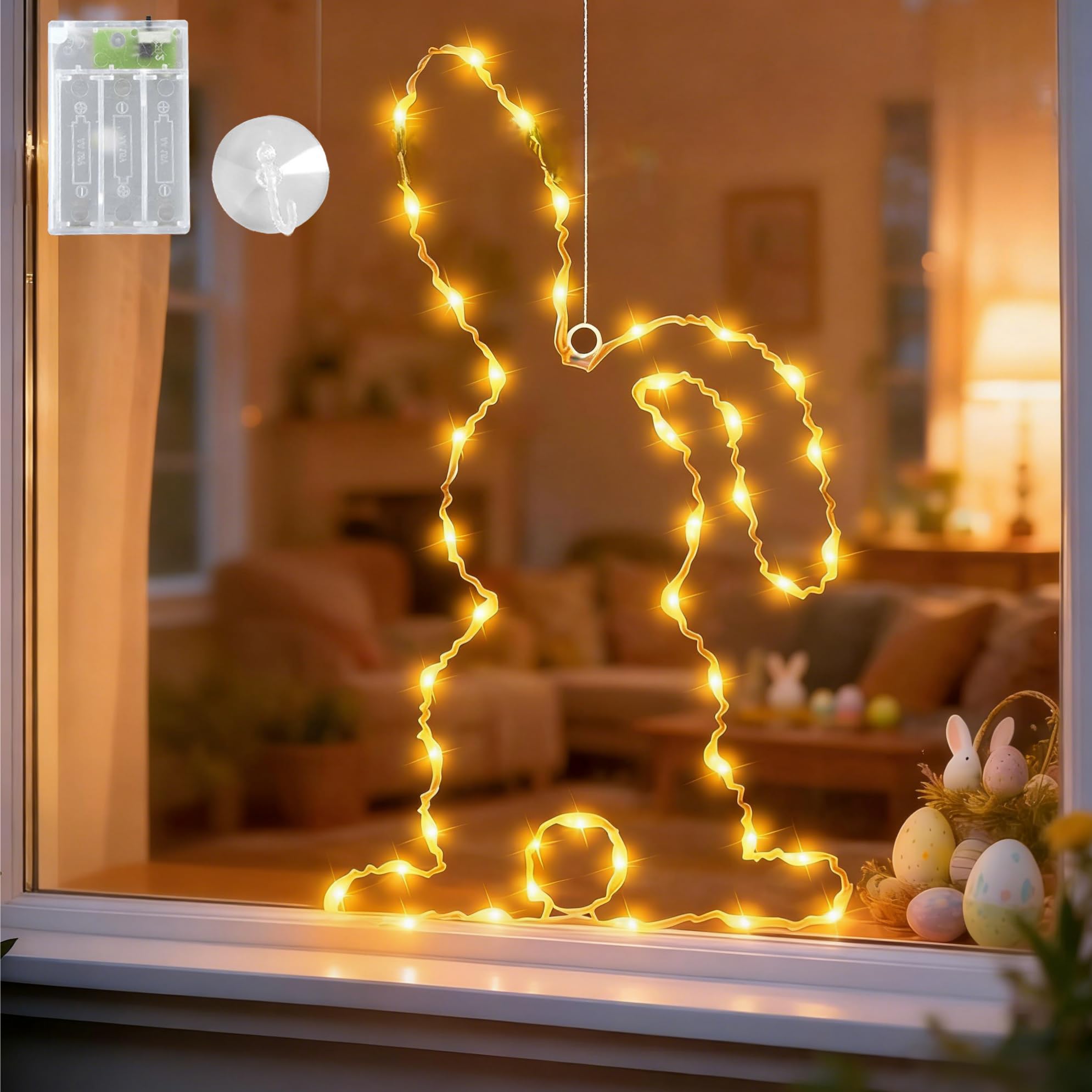 Pipihome Osterdeko Led Fenster Licht, Lichterkette Ostern Fensterbeleuchtung mit Timer Batterieantrieb, Frühlingsdeko & Ostern Deko zum Aufhängen für Fenster Deko Innen Draußen Garten