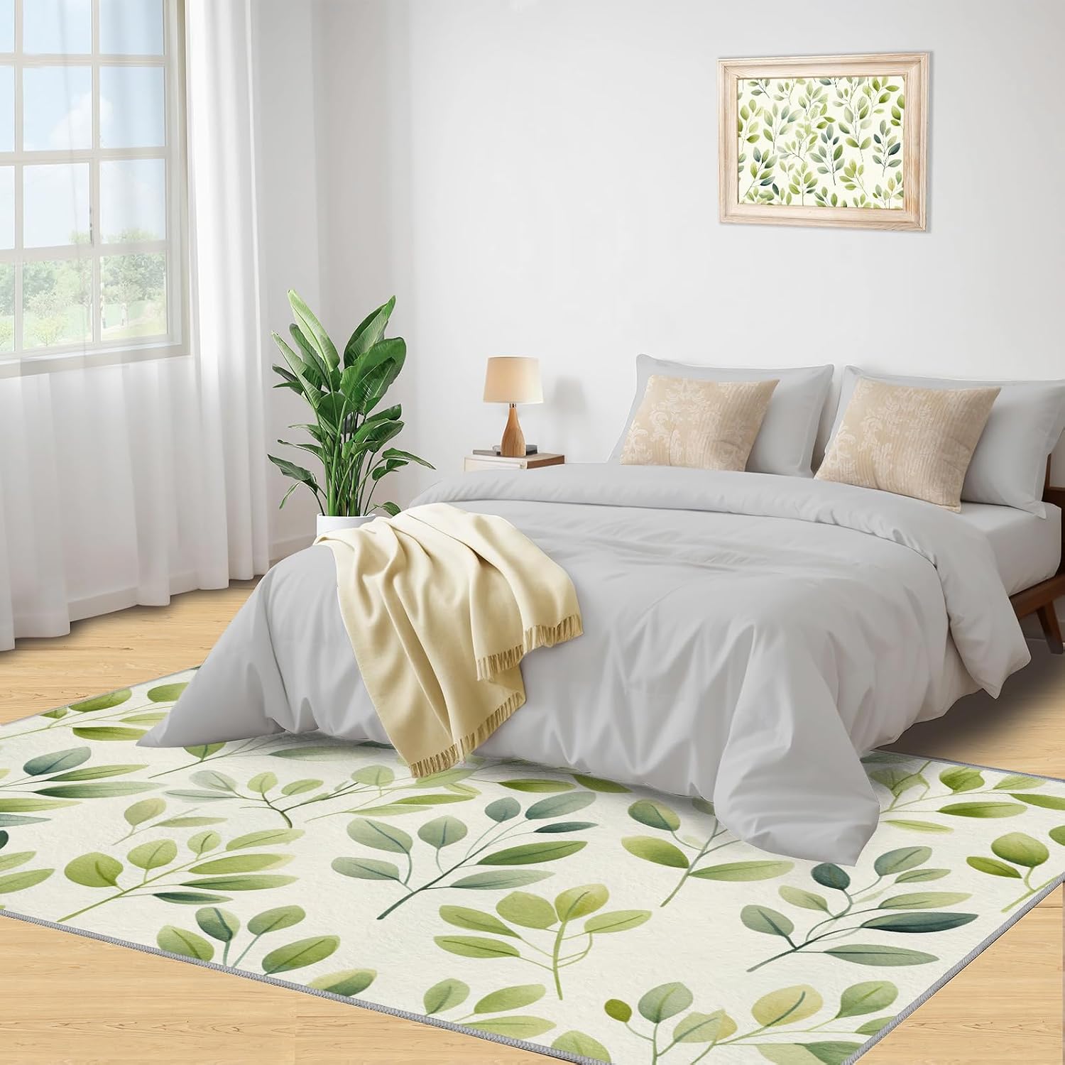 Simple Leaves Area Rugs 4x5 - Minimalist Plants Rug for Entryway, Green Leaves Washable Entry Way Rugs Kids Carpet for Inside House Playroom Living Room End Table Nursery