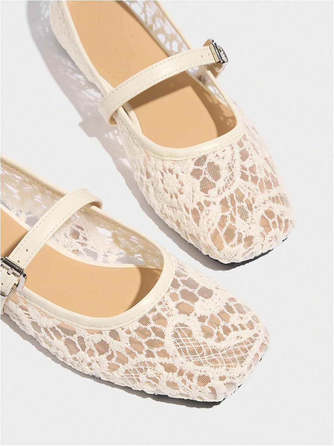 MakeMeChic Women's Lace Mesh Ballet Flats Shoes Square Closed Toe Shoes Breathable Summer Flats