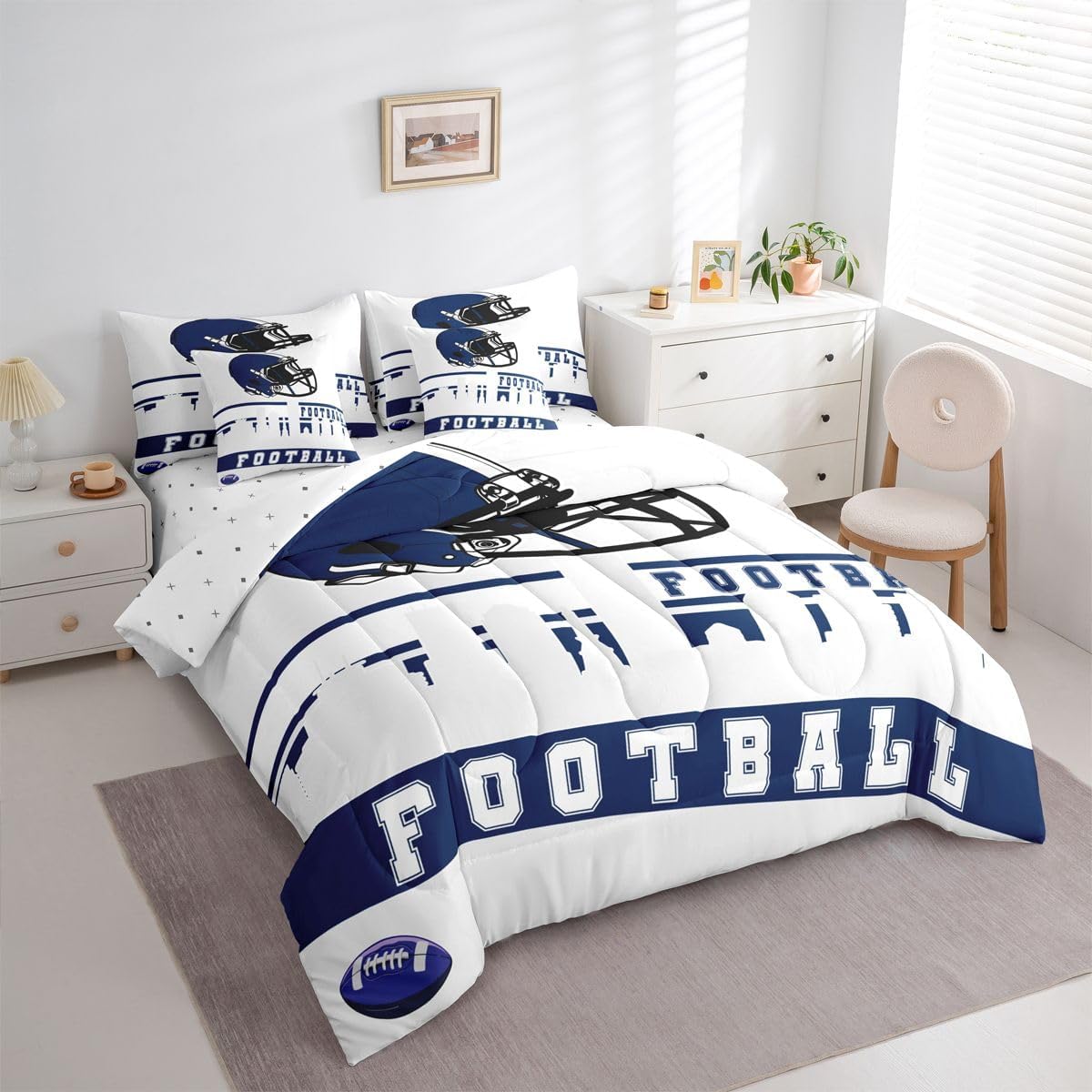 Erosebridal Football 7 Pcs Comforter Set Queen Football Fans Bedding for Men Football City Sheet Set Bed in A Bag Blue Rugby Competition Room Decor Sports Ball Game Quilt