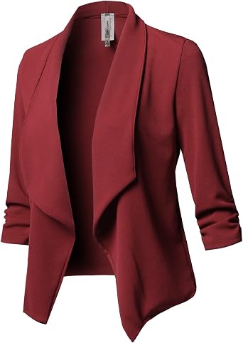 Womens Stretch 3/4 Gathered Sleeve Open Blazer Jacket