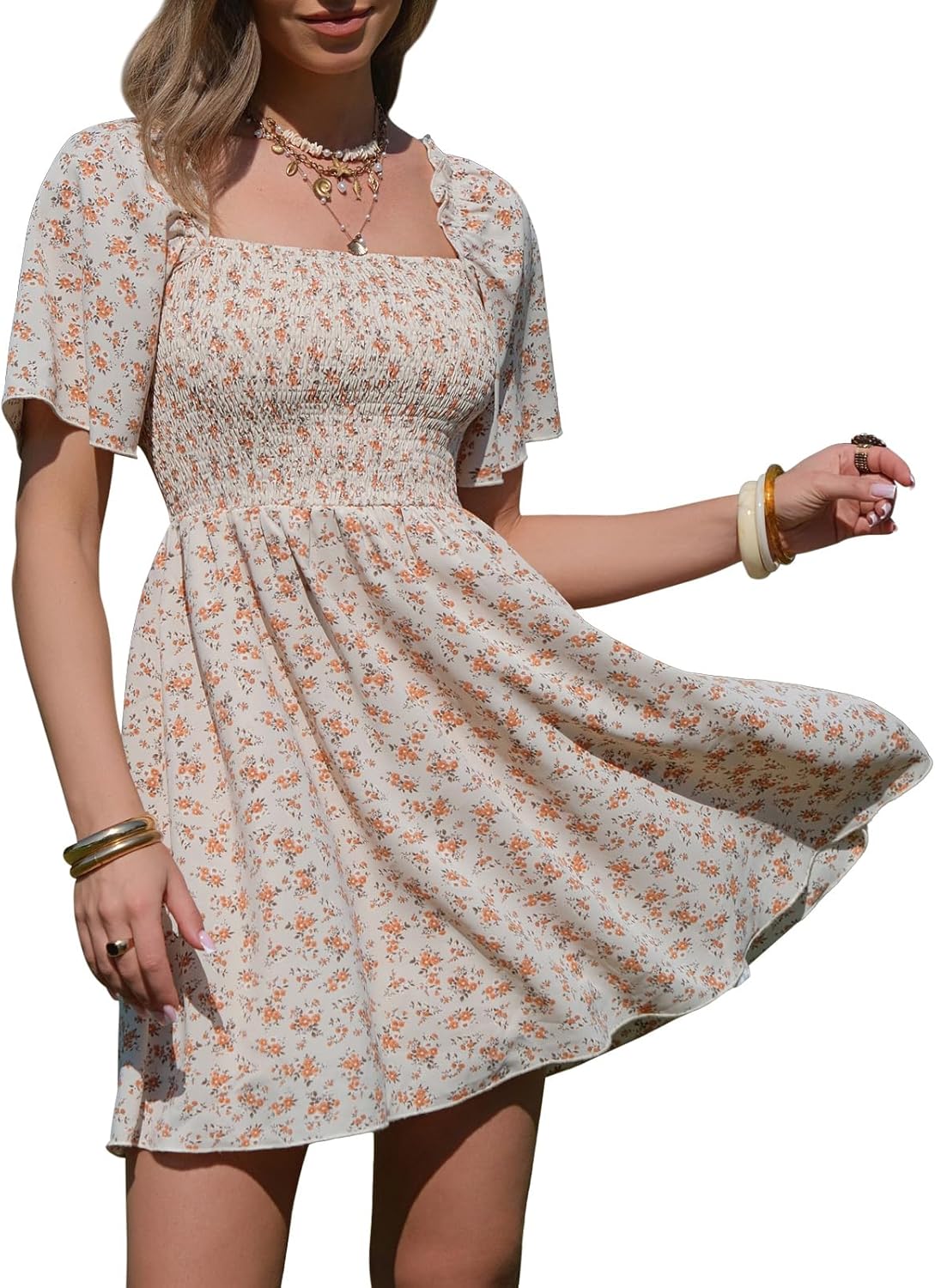 EXLURA Women's 2026 Summer Casual Square Neck Dresses Ruffle Short Sleeve Swiss Dot Flowy Mini Dress