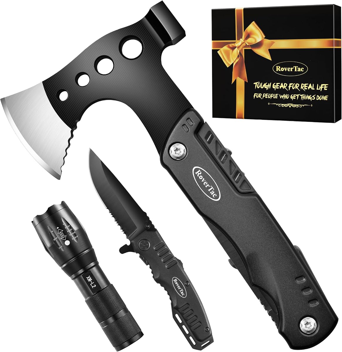 Camping Gear Survival Tools Kit Multi Tool Set, 11-in-1 Multitool Axe, High Lumen LED Flashlight, Pocket Knife - Perfect for Camping Survival Hiking Fishing, Tools Gifts for Men.