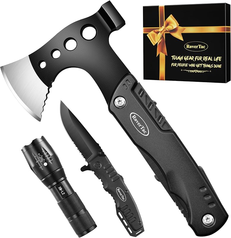 Camping Gear Survival Tools Kit Multi Tool Set, 11-in-1 Multitool Axe, High Lumen LED Flashlight, Pocket Knife - Perfect for Camping Survival Hiking Fishing, Tools Gifts for Men.