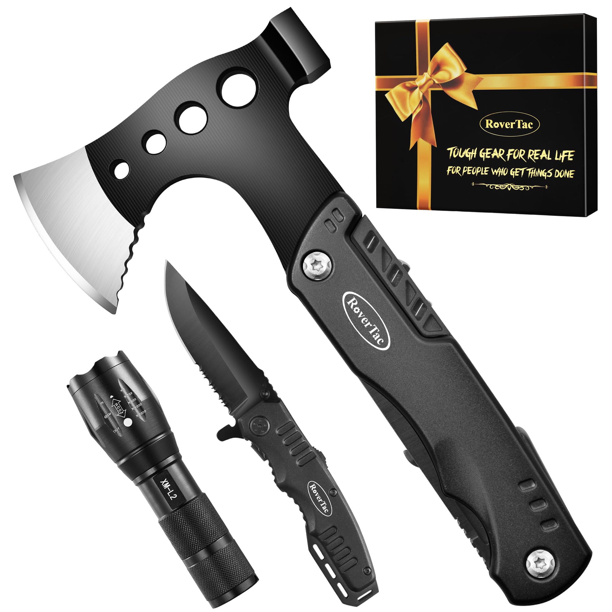 RoverTac Kit de herramientas de supervivencia de equipo de camping Multi Tool Set, hacha multiherramienta 11 en 1, linterna led de alto lúmen, cuchillo de bolsillo, regalos para hombres