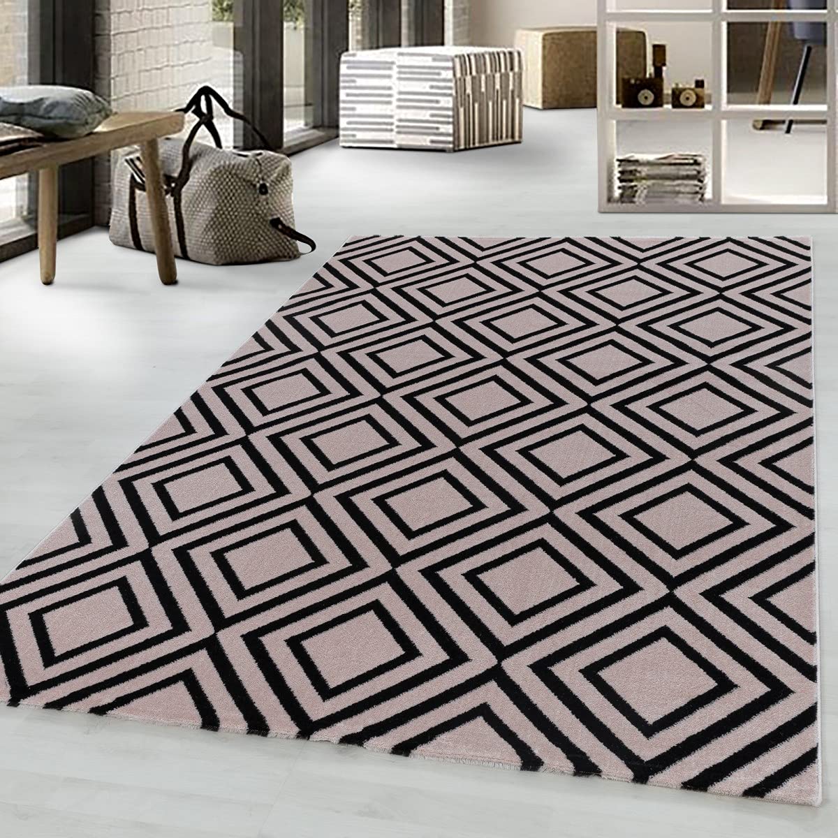 Tapis à losanges rose 140 x 200 cm : tapis de salon design rectangulaire pour décoration moderne